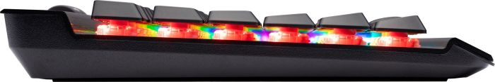 Seitenansicht einer schwarzen Tastatur mit beleuchteten Regenbogen-Tasten.