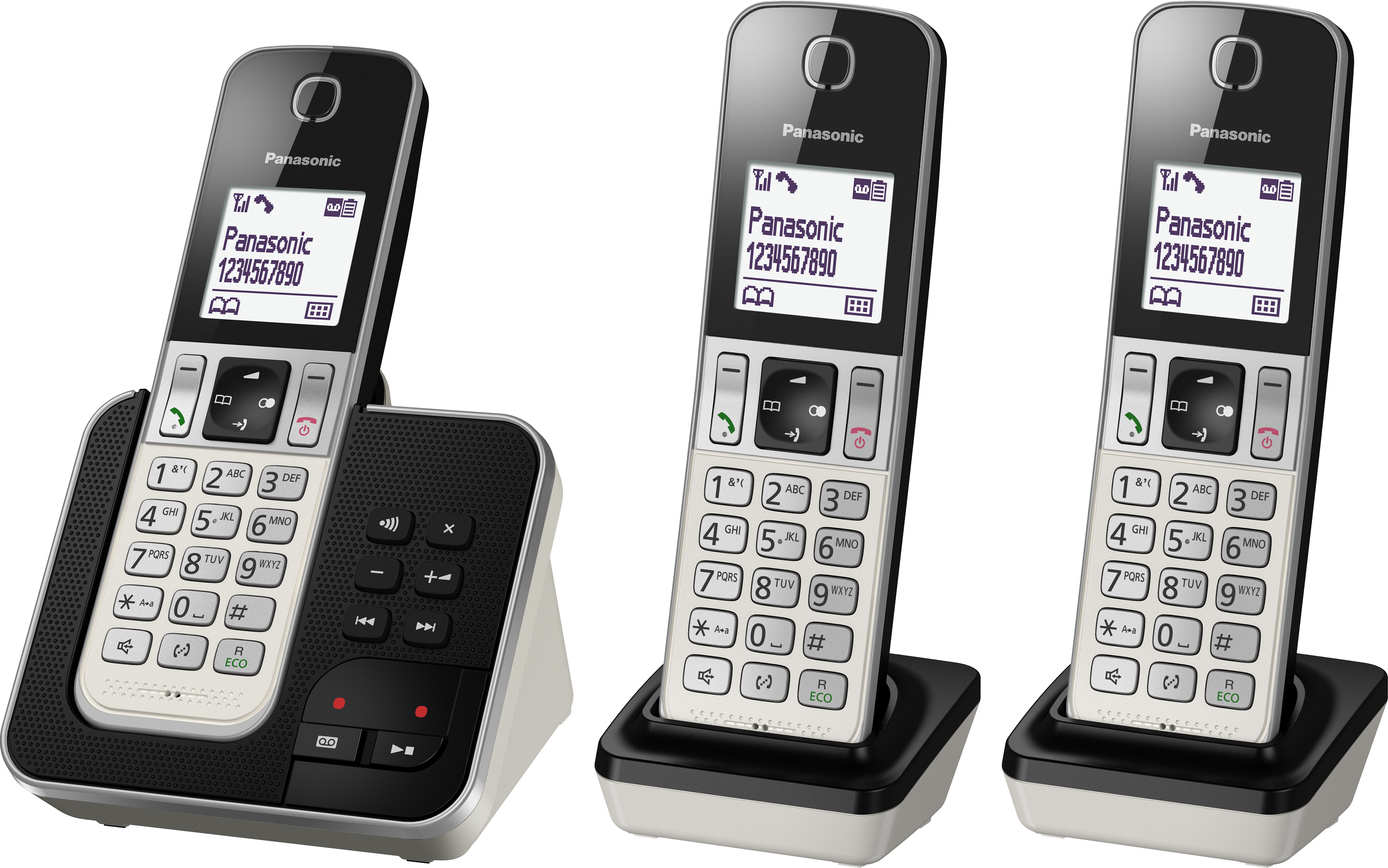 Trois téléphones sans fil Panasonic avec socles. Une base est à gauche, les autres à droite.