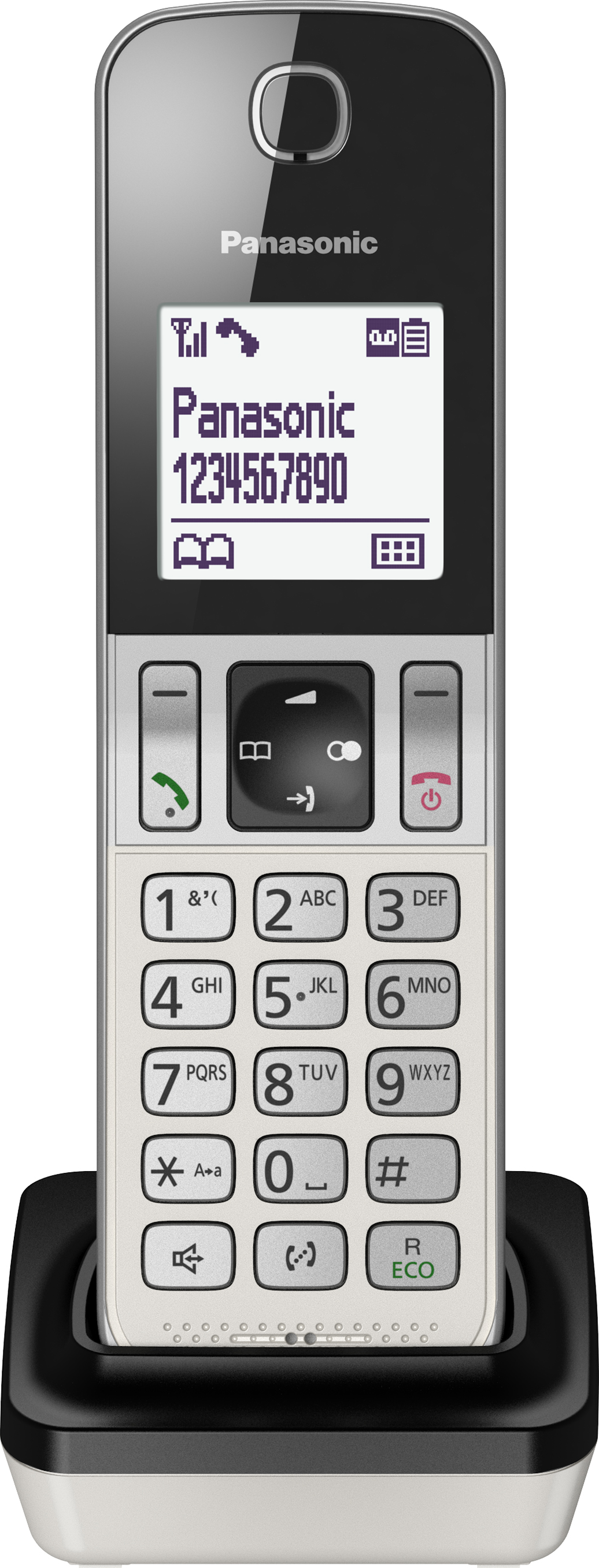 Téléphone Panasonic blanc et noir avec un écran éclairé affichant un numéro de téléphone et des icônes.