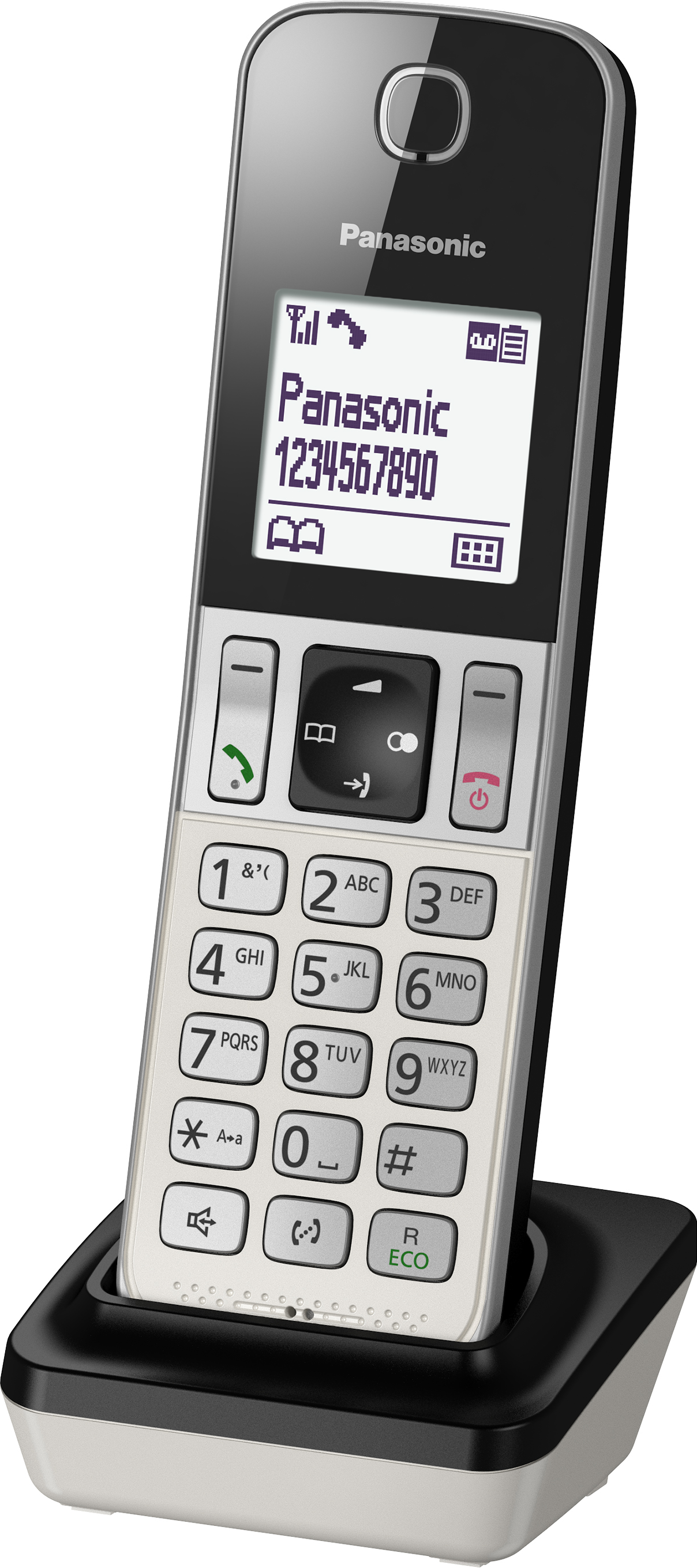 Un téléphone Panasonic sans fil sur sa base de chargement. Le téléphone a un écran et un pavé numérique.
