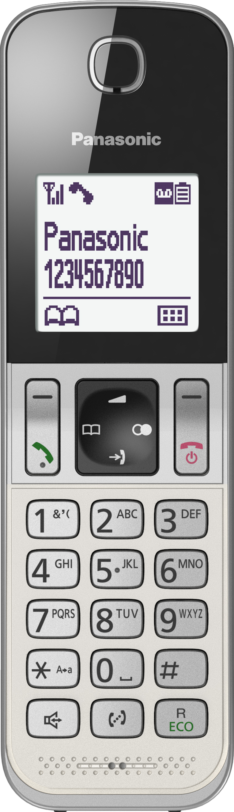 Un téléphone sans fil Panasonic argent et blanc avec un écran affichant un numéro.