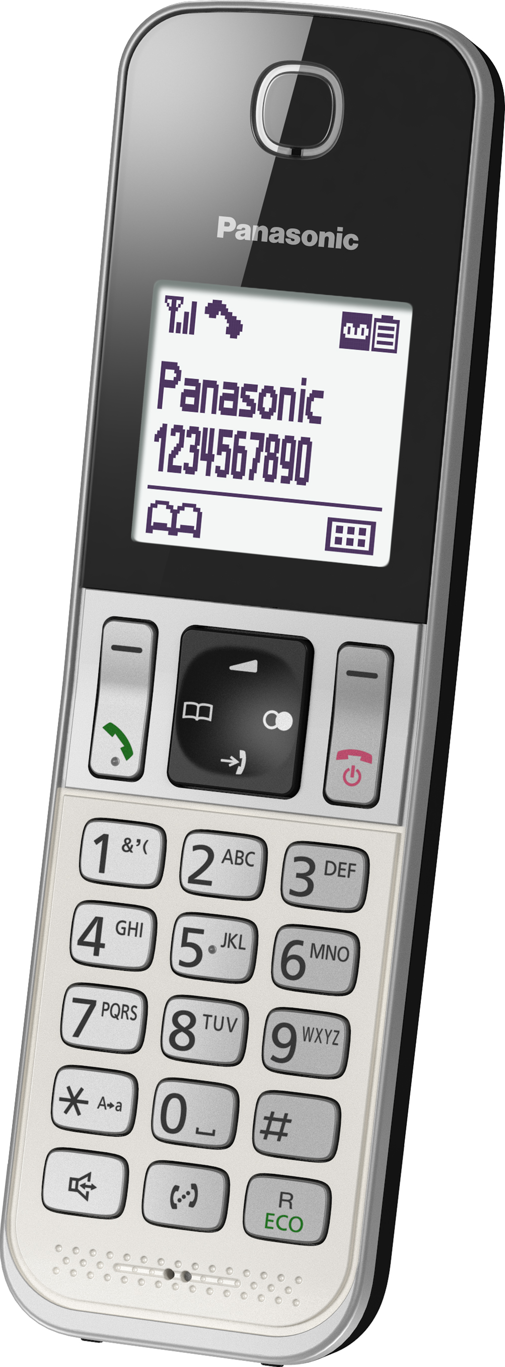 Téléphone sans fil Panasonic noir et argent avec écran et pavé numérique.