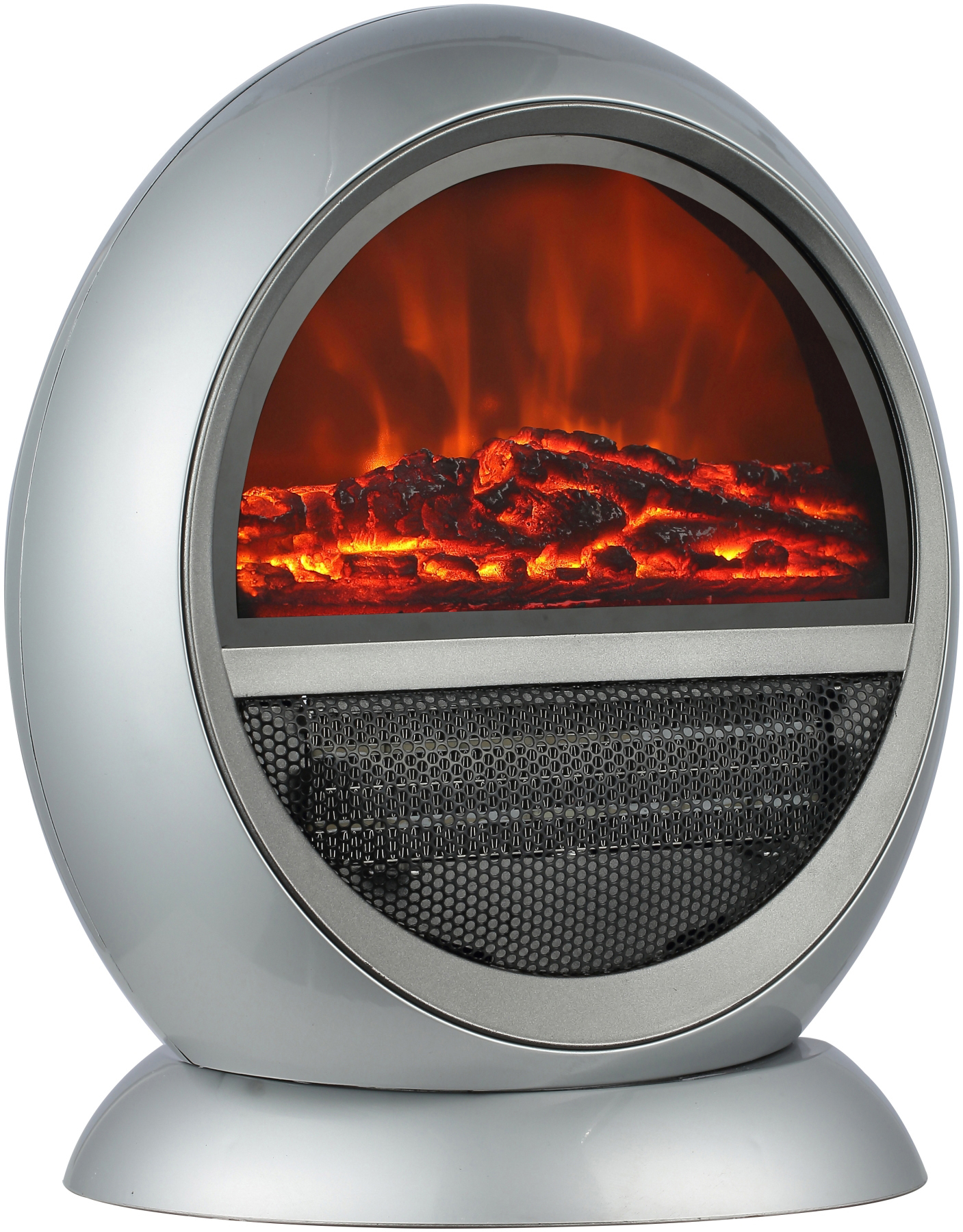Silberner, ovaler elektrischer Kamin mit einem leuchtenden Feuerdisplay. Er hat ein schwarzes Ventil.