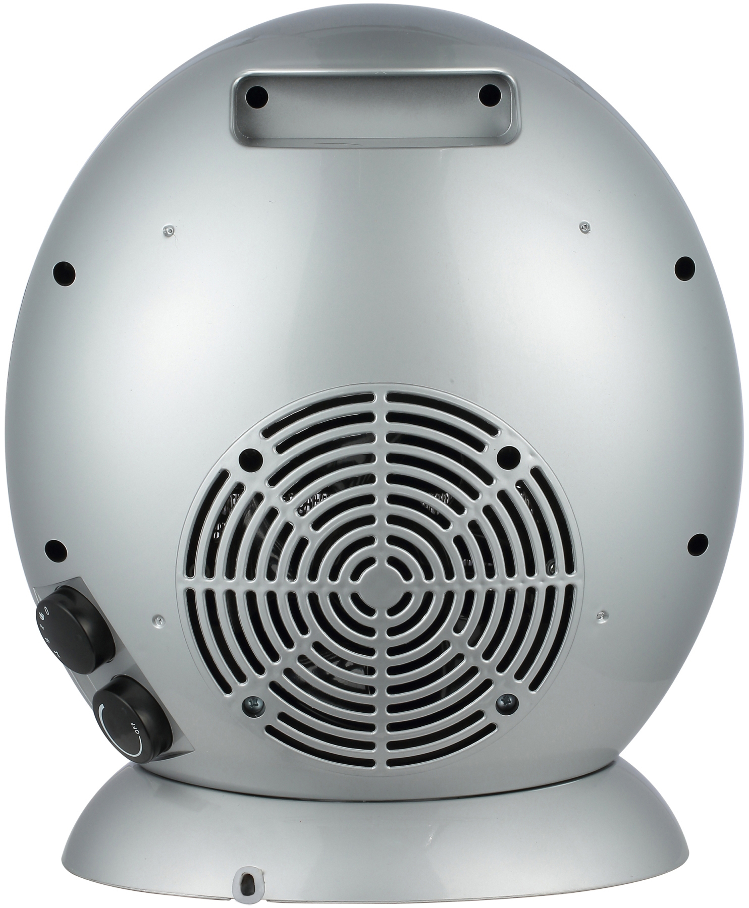 Silberner Elektroheizer, ovale Form, mit Lüftergrill. Schwarze Bedienelemente, weißer Hintergrund.