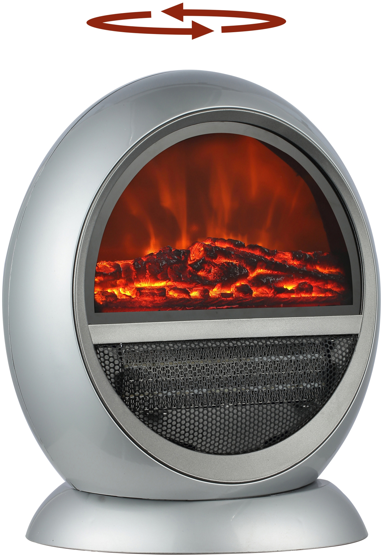 Silberner Elektrokamin mit Flammeneffekt und rotierendem Pfeil.