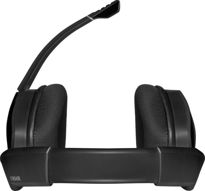 Schwarzes Corsair Gaming-Headset. Das Mikrofon ist oben. Weißer Hintergrund.