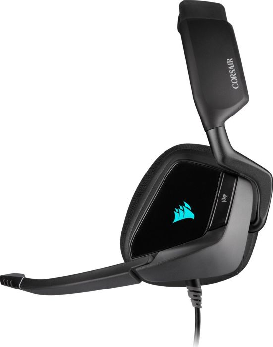 Schwarzes Gaming-Headset mit Mikrofon. Das Corsair-Logo ist sichtbar.