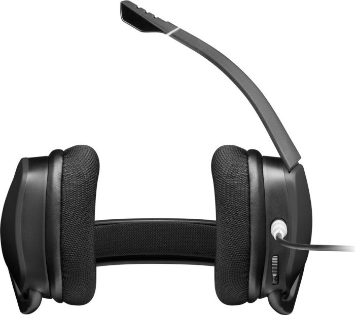 Ein schwarzes Headset mit Mikrofon, es ist eine Produktaufnahme auf weißem Hintergrund.
