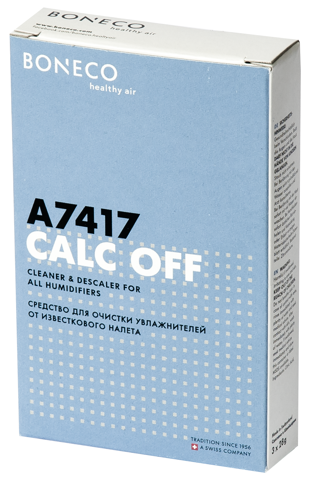 Blaue und weiße Box mit Entkalker. Text: A7417 Calc Off, Reiniger für Luftbefeuchter. Boneco healthy air.