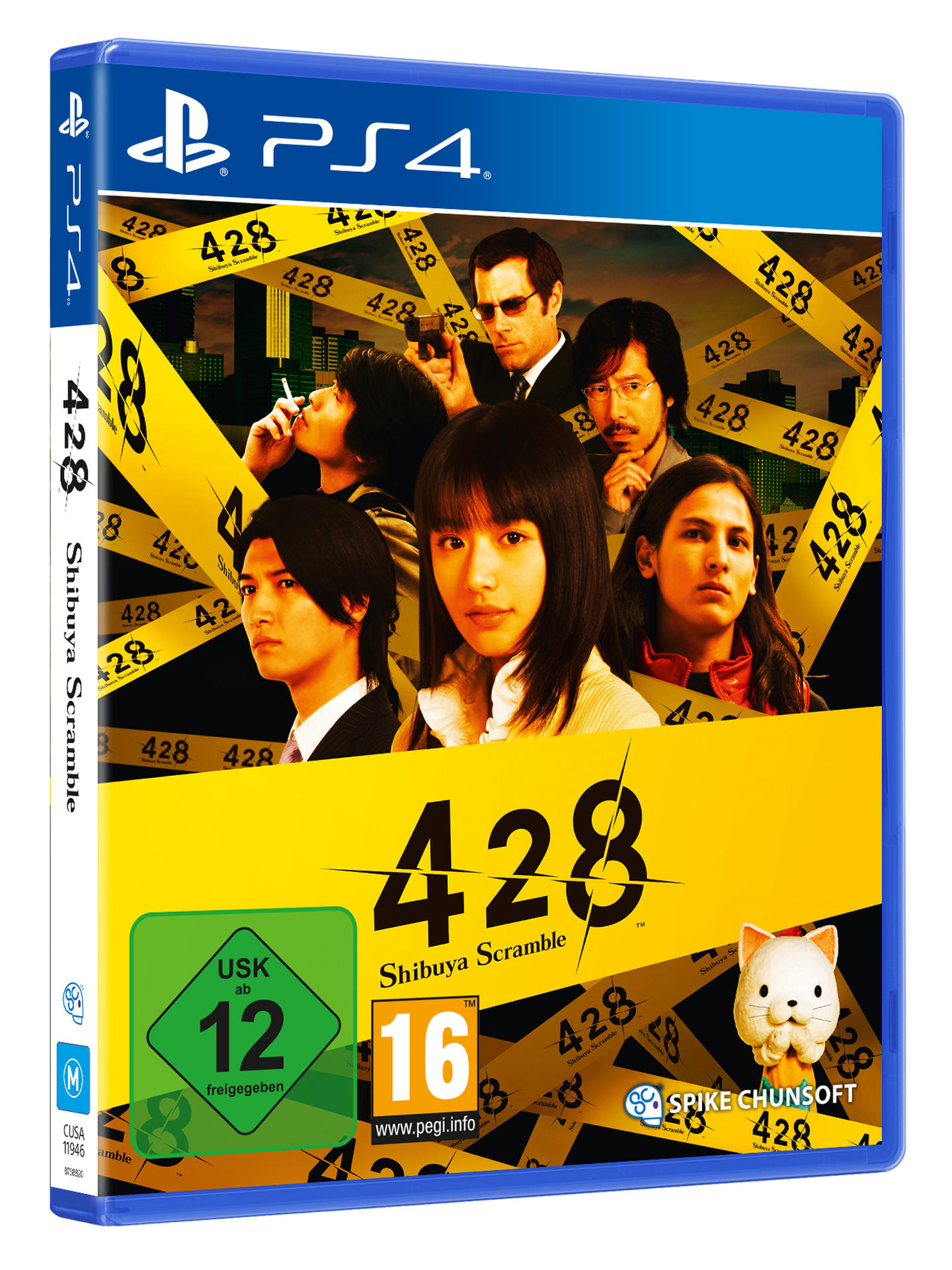 Ein PS4-Spielcase mit mehreren Personen auf dem Cover, gelbem Klebeband und einem Katzen-Icon. USK 12.
