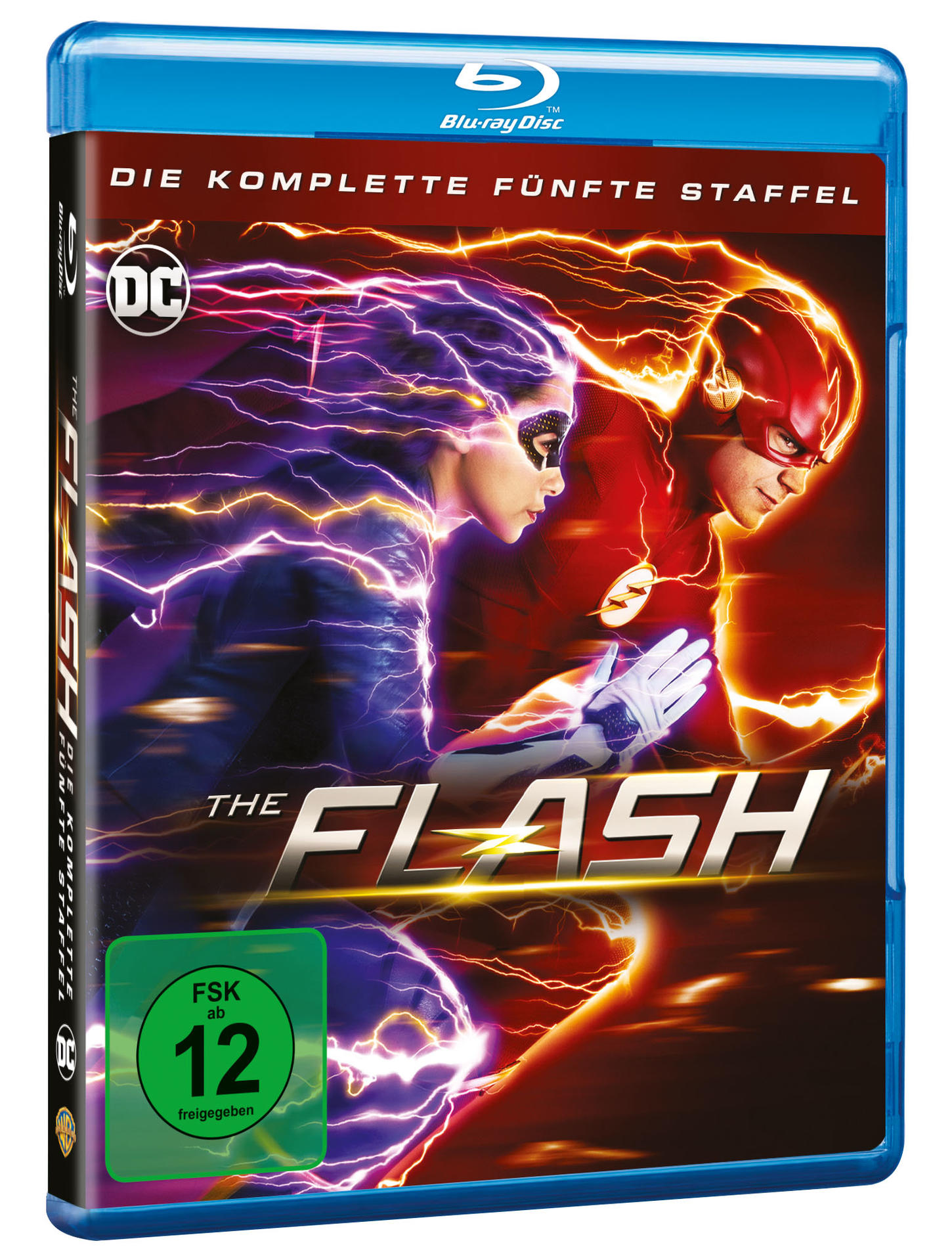 Blu-ray-Hülle für "The Flash: Staffel 5" mit einem dynamischen Bild von The Flash und einer weiblichen Figur.