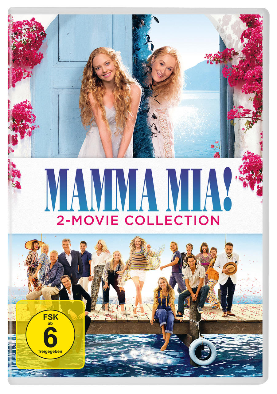 Mamma Mia! 2-Movie Collection DVD-Cover. Frauen und Männer auf einem Steg. Zwei Frauen sind oben.