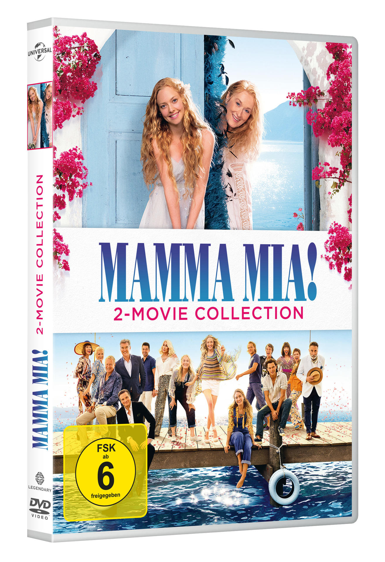 Eine DVD-Hülle mit zwei Frauen, einer Gruppe von Leuten auf einem Steg und dem Filmtitel: Mamma Mia!