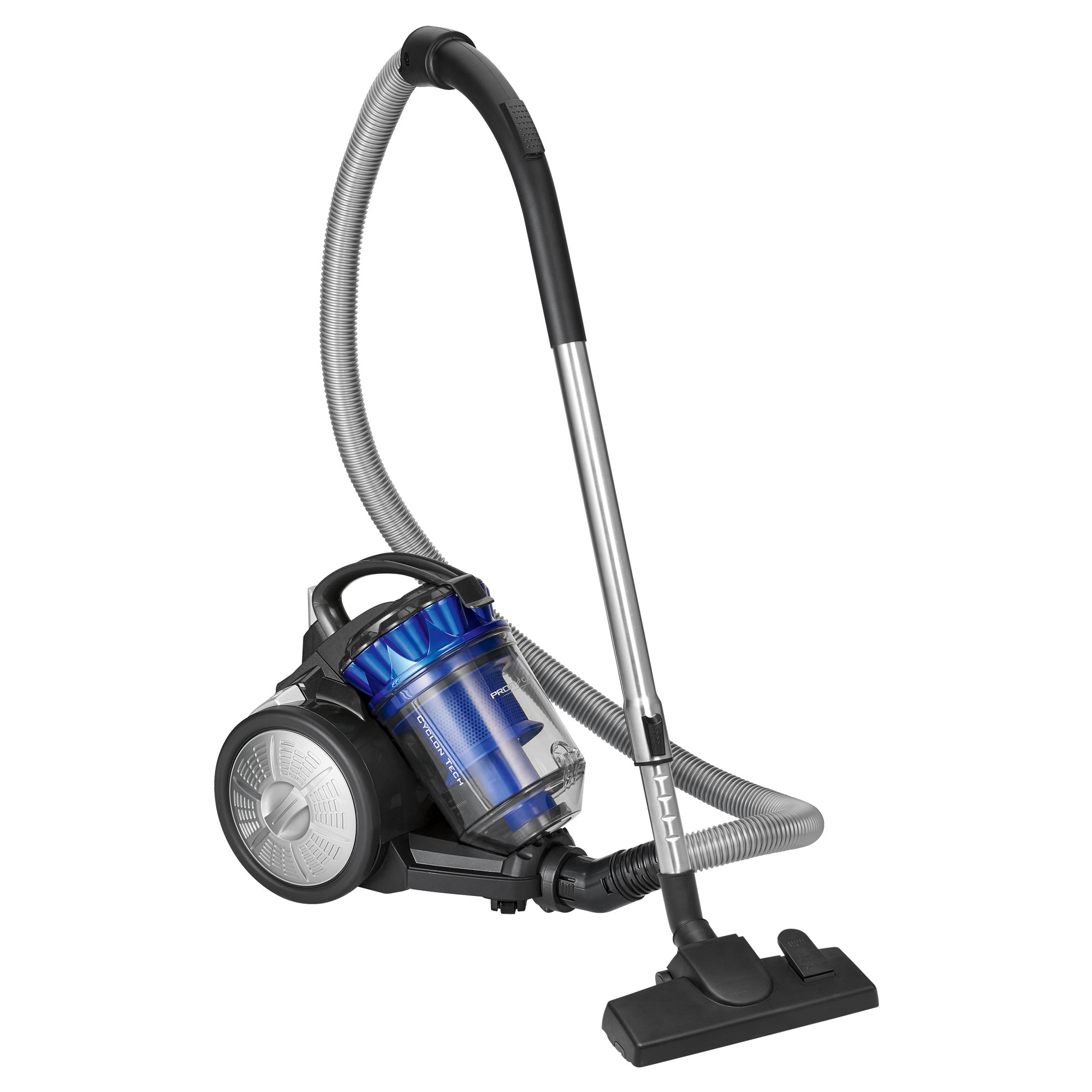 Ein schwarz-blauer Staubsauger. Er hat einen Schlauch, einen Griff und eine Düse. Er ist auf weißem Hintergrund.