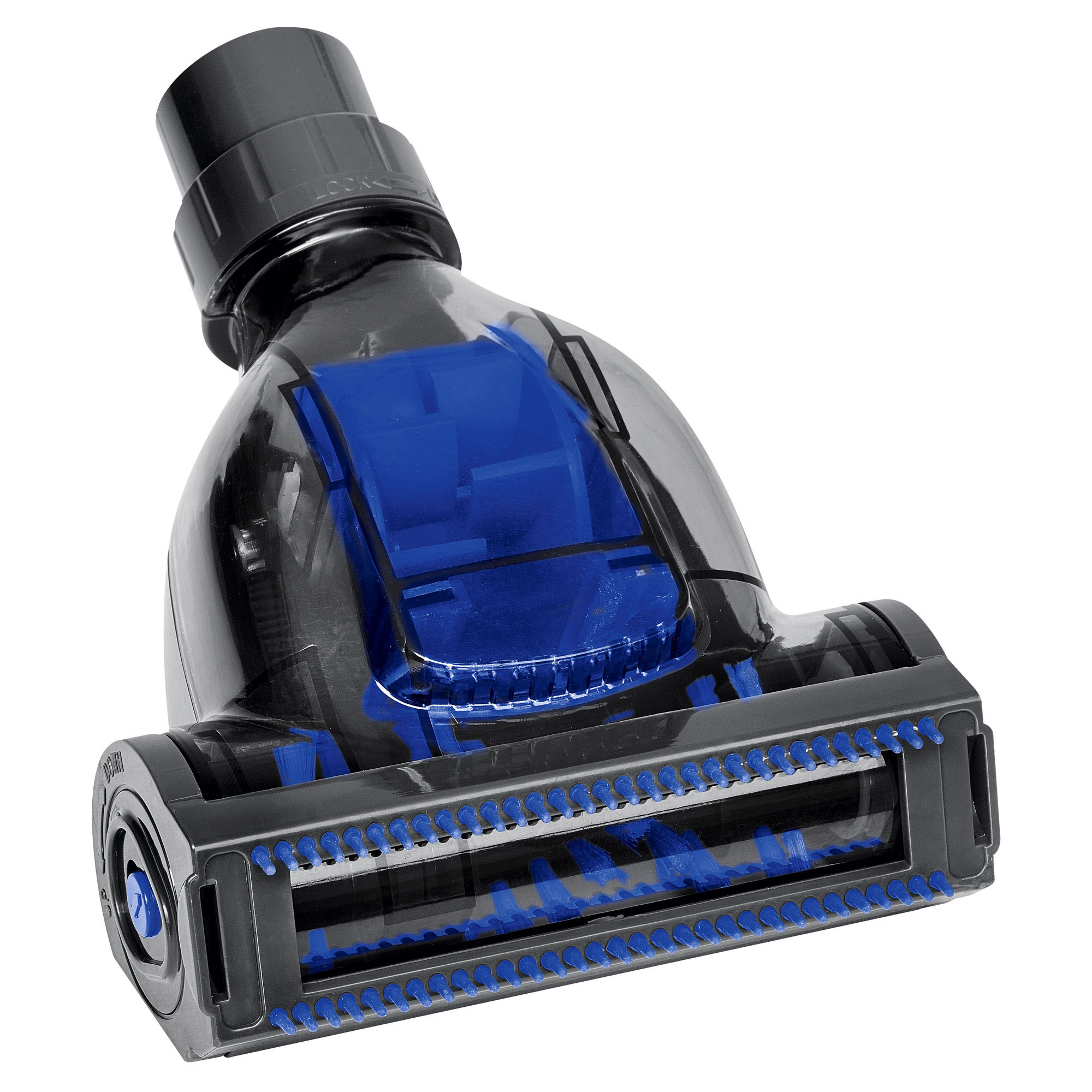 Staubsauger-Aufsatz. Schwarz mit transparenten blauen Teilen. Blaue Borsten unten.