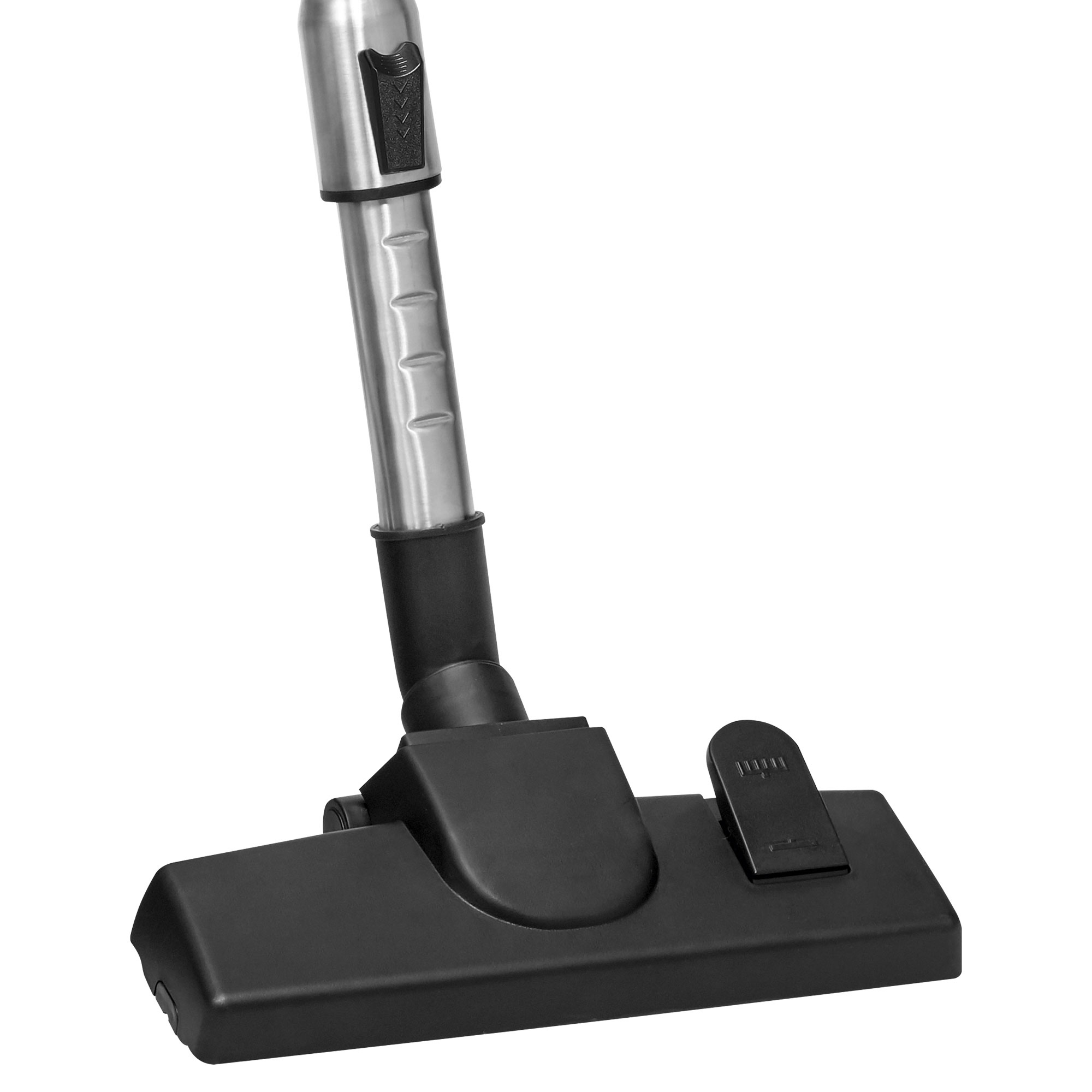 Schwarzer Staubsaugerkopf. Silberner Griff. Der Kopf hat eine rechteckige Form mit einem kleinen Hebel.