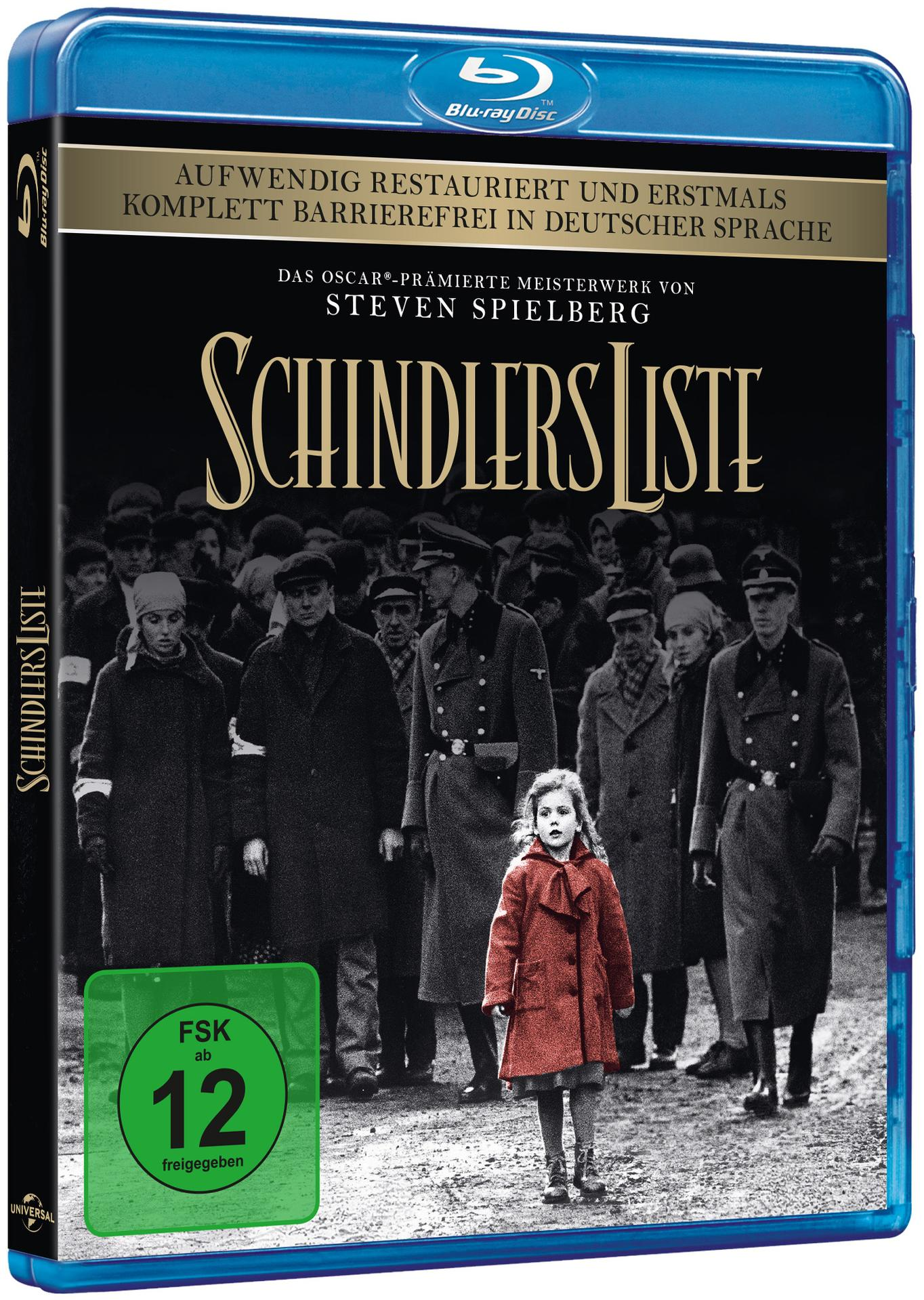 Blu-ray-Disc-Cover von Schindlers Liste. Zeigt ein Mädchen in rotem Mantel mit einer Gruppe von Leuten in schwarzer Kleidung.
