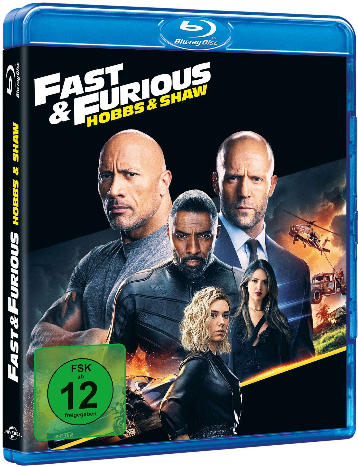 Fast & Furious Hobbs & Shaw Blu-ray-Hülle. Dwayne Johnson, Jason Statham, Idris Elba und andere sind auf dem Cover.