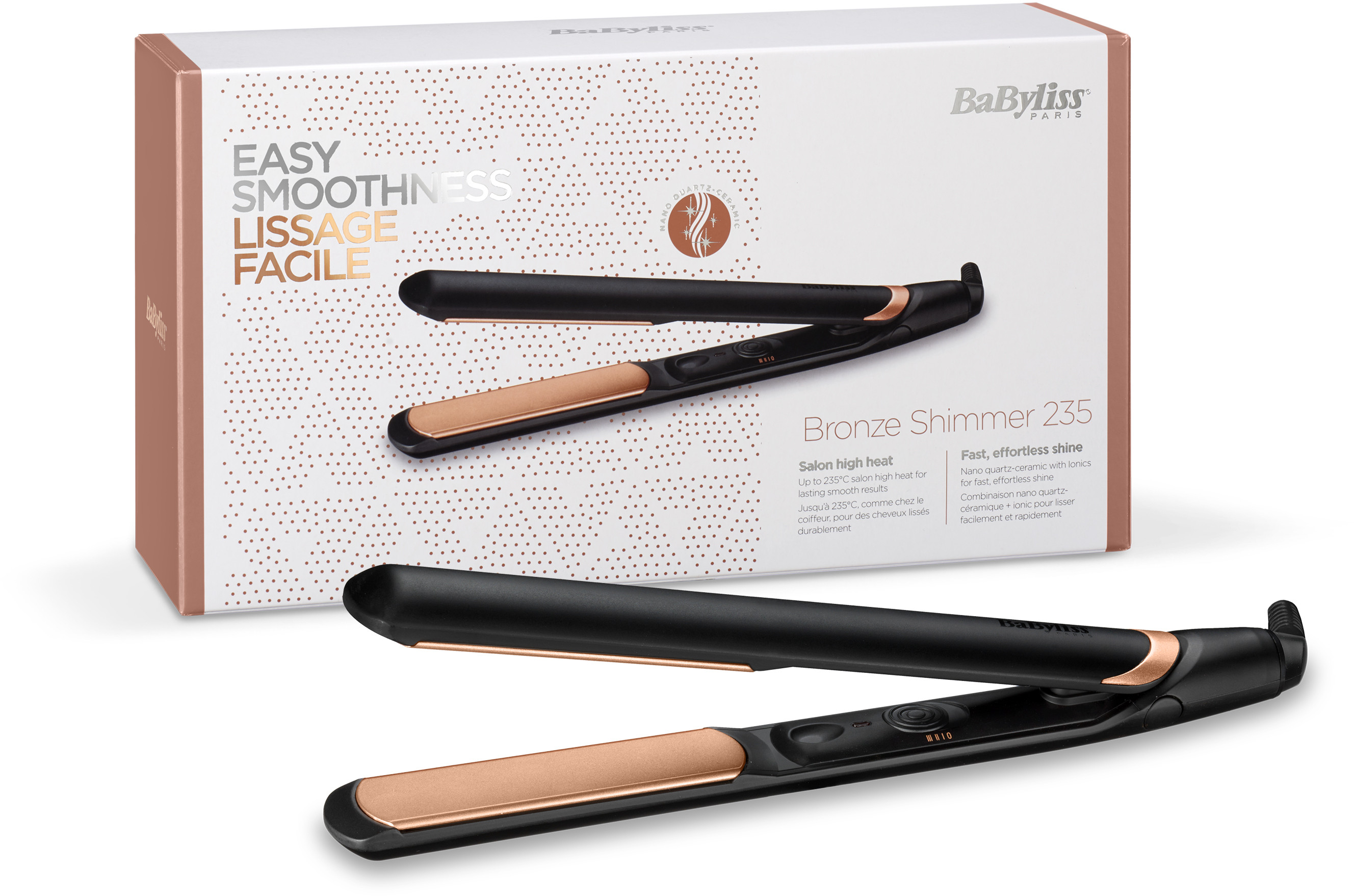 Lisseur de cheveux dans une boîte. La boîte porte le nom "BabyLiss Paris".