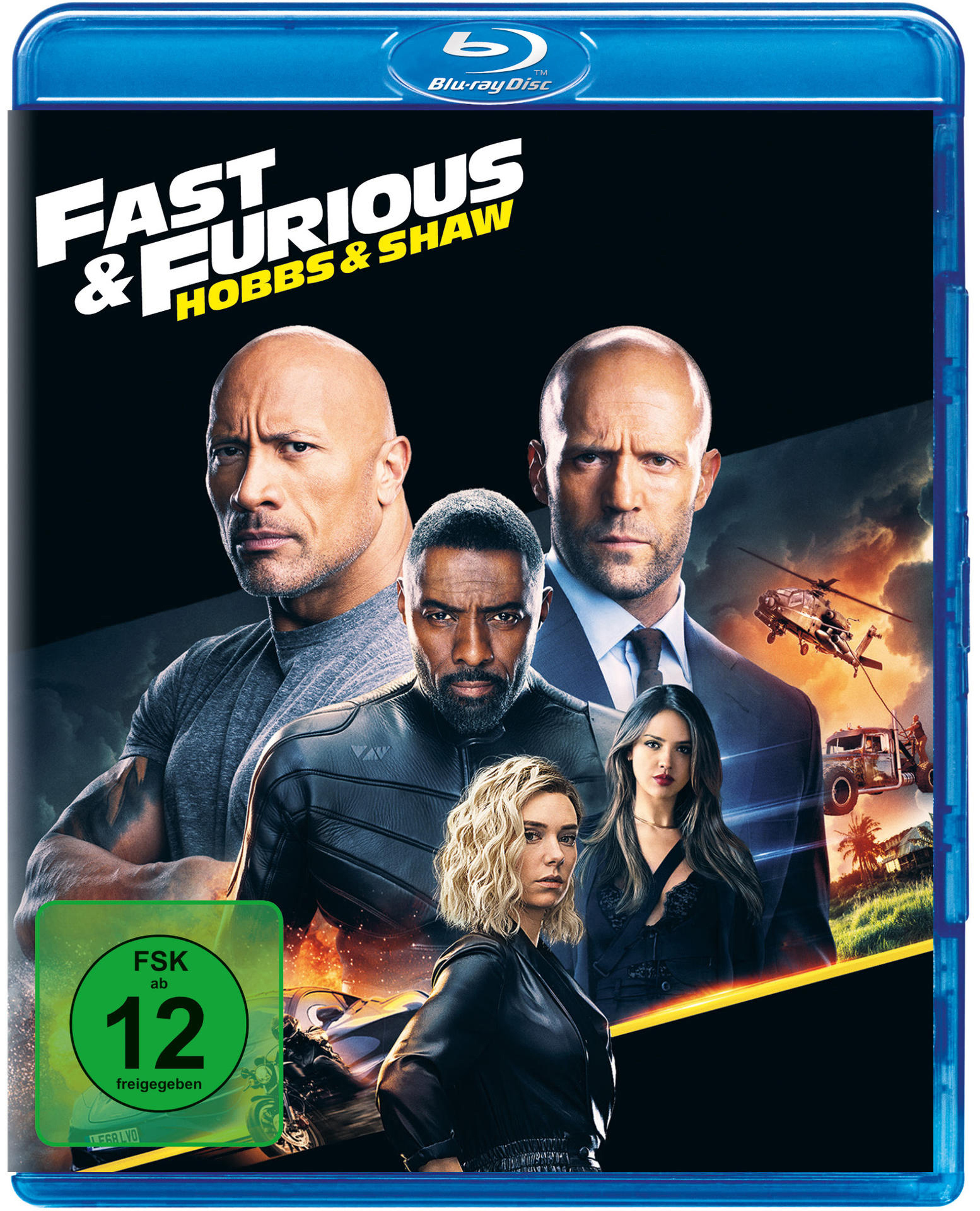 Fast & Furious: Hobbs & Shaw Blu-ray-Cover. Dwayne Johnson und Jason Statham sind zu sehen. Andere Schauspieler sind im Bild.