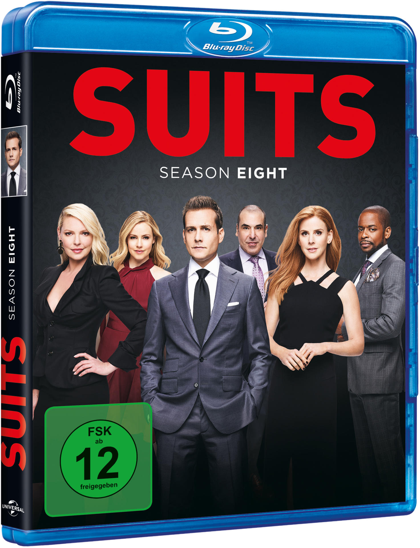 Blu-ray-Disc-Cover von Suits, Staffel Acht. Zeigt die Besetzung in formeller Kleidung.