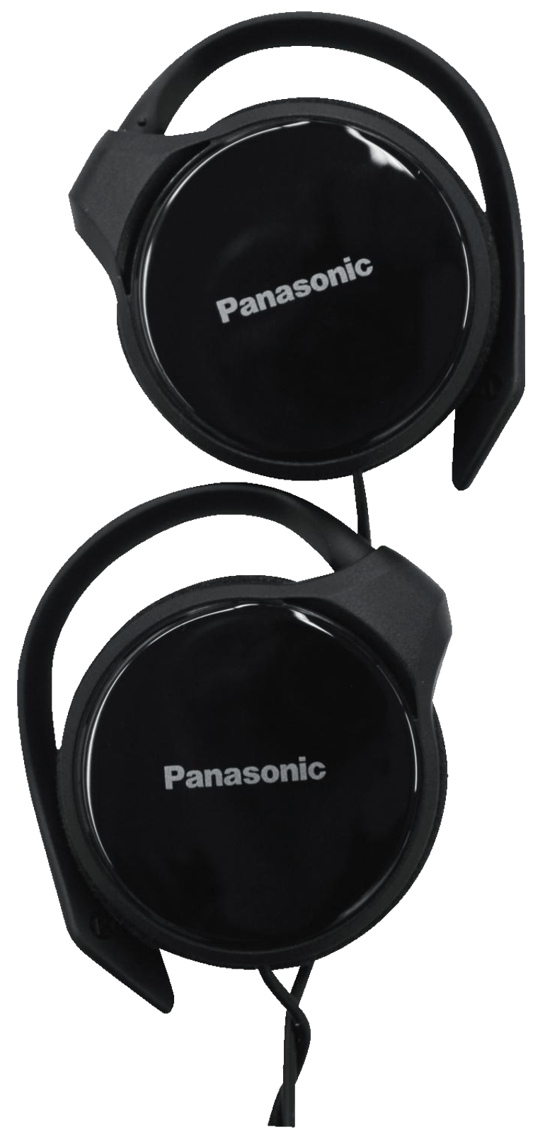 Fekete fejhallgató a "Panasonic" márkával. A kialakítás kör alakú és fülre illeszkedő.