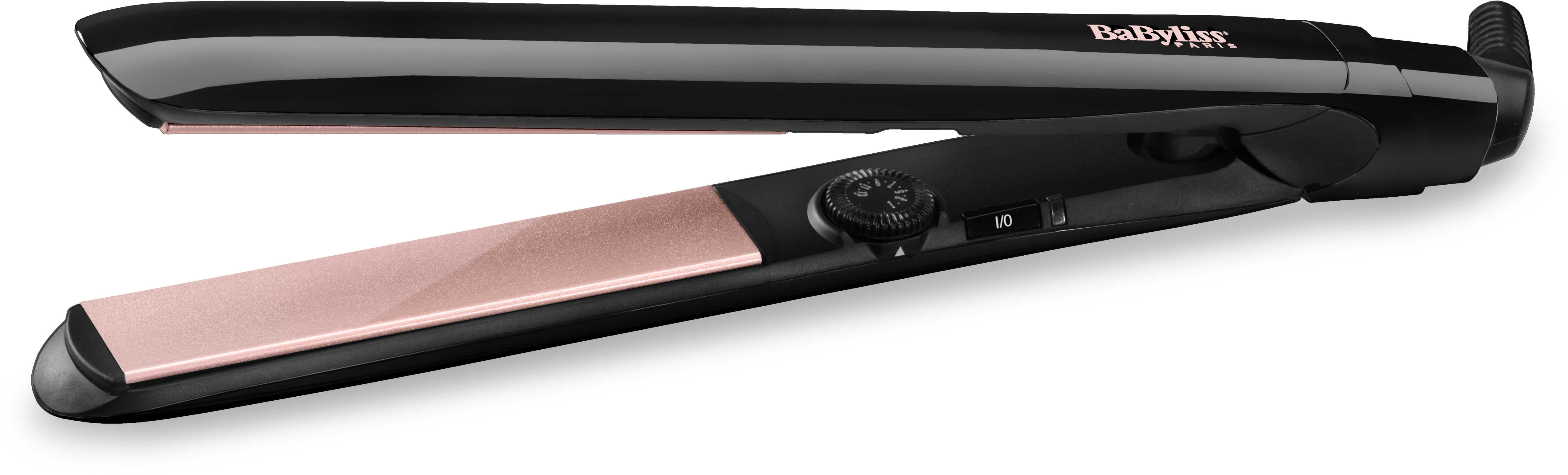 Zwarte en roségouden stijltang op zwarte achtergrond. Merk 'Babyliss' is zichtbaar.