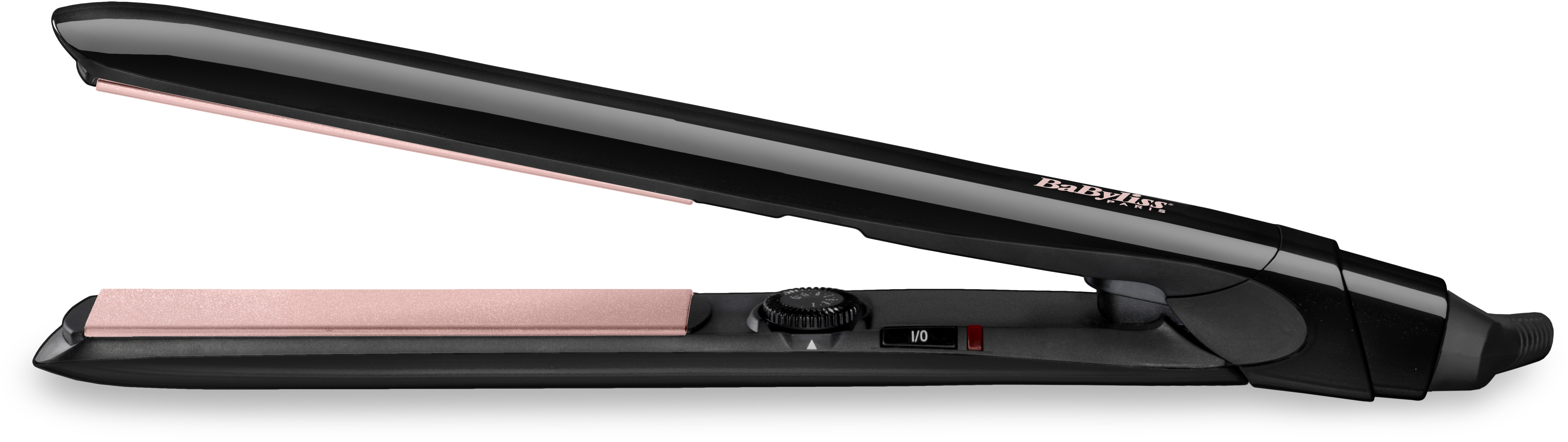 Zwarte stijltang met roze platen.