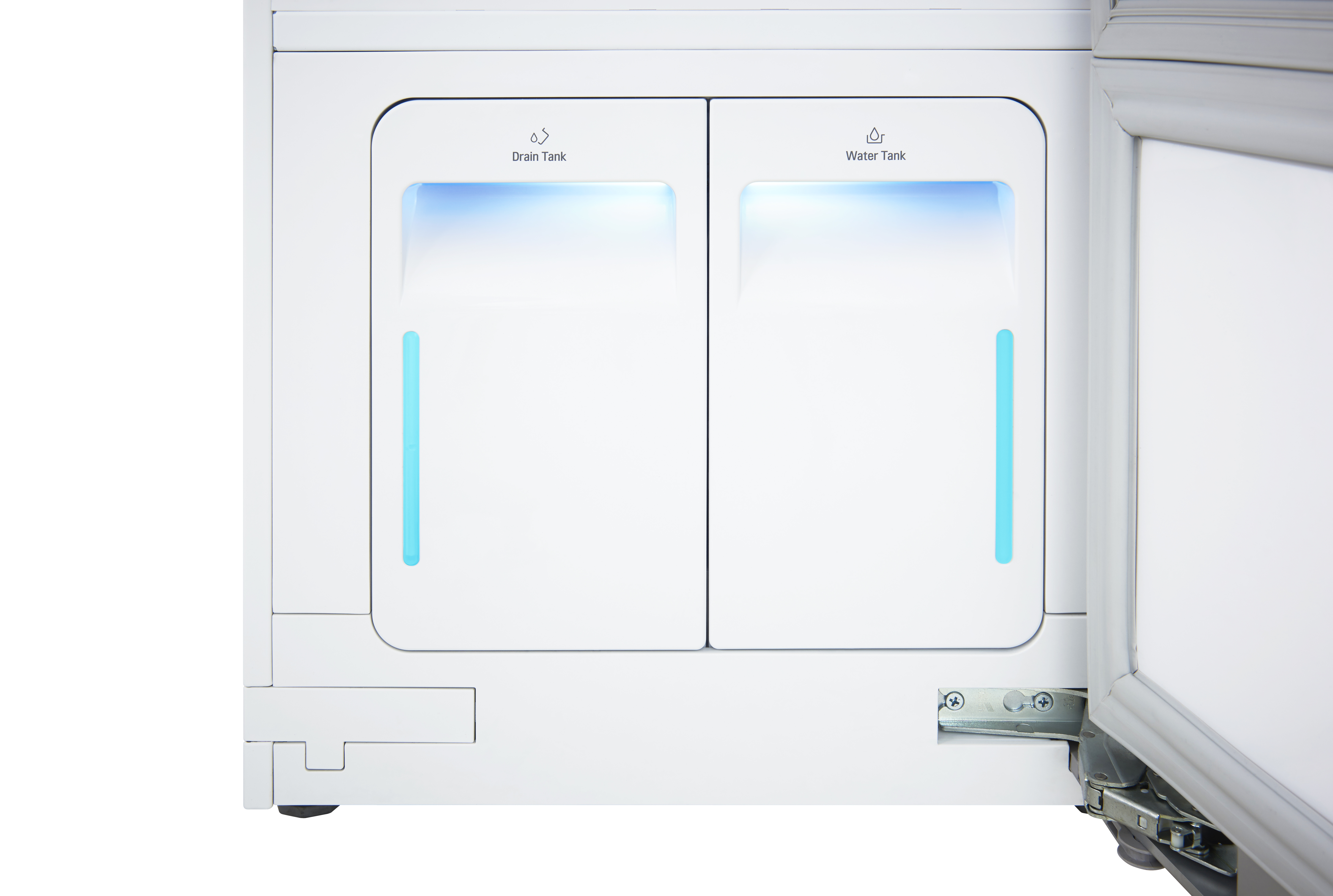 Nahaufnahme einer weißen Maschine mit zwei Fächern mit der Aufschrift 'Drain Tank' und 'Water Tank' mit blauen Lichtern.