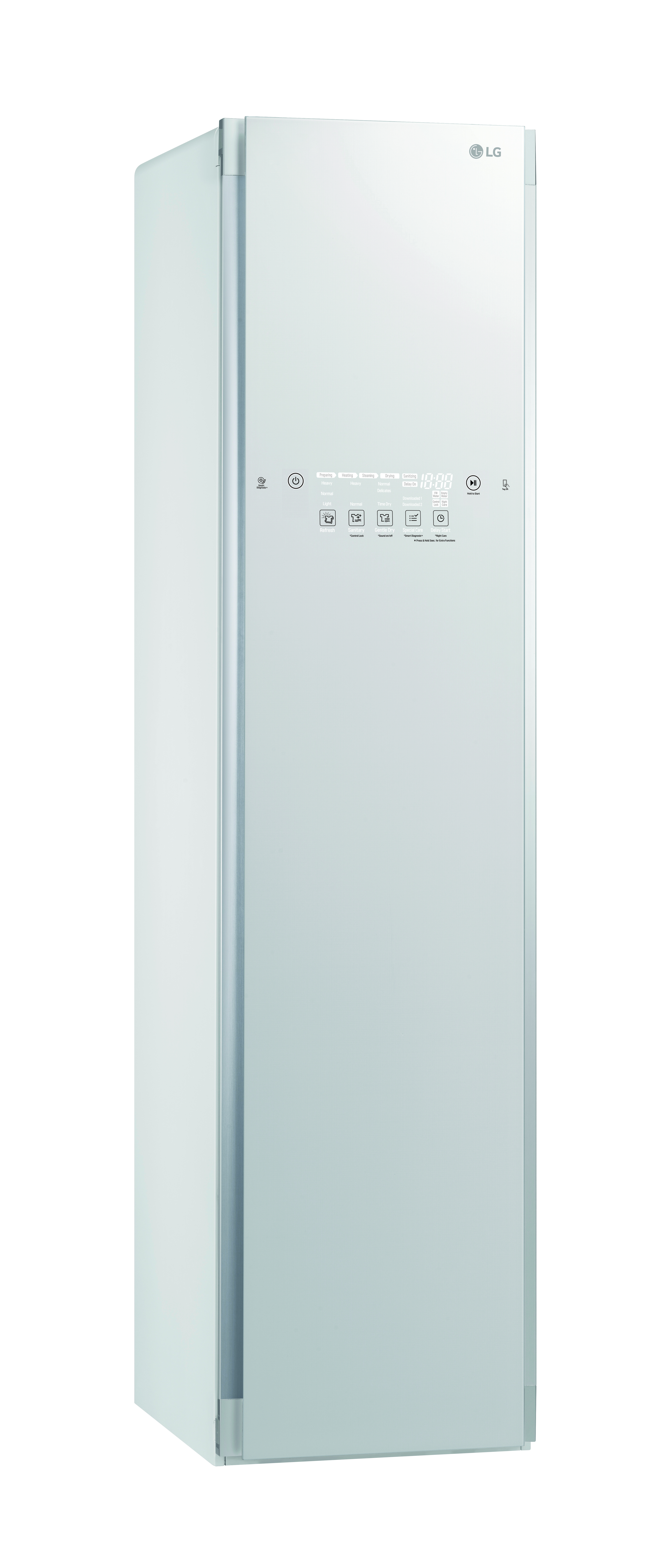 Weißes LG Styler-Kleidungspflegesystem. Es hat eine lange, rechteckige Form mit einem Bedienfeld.