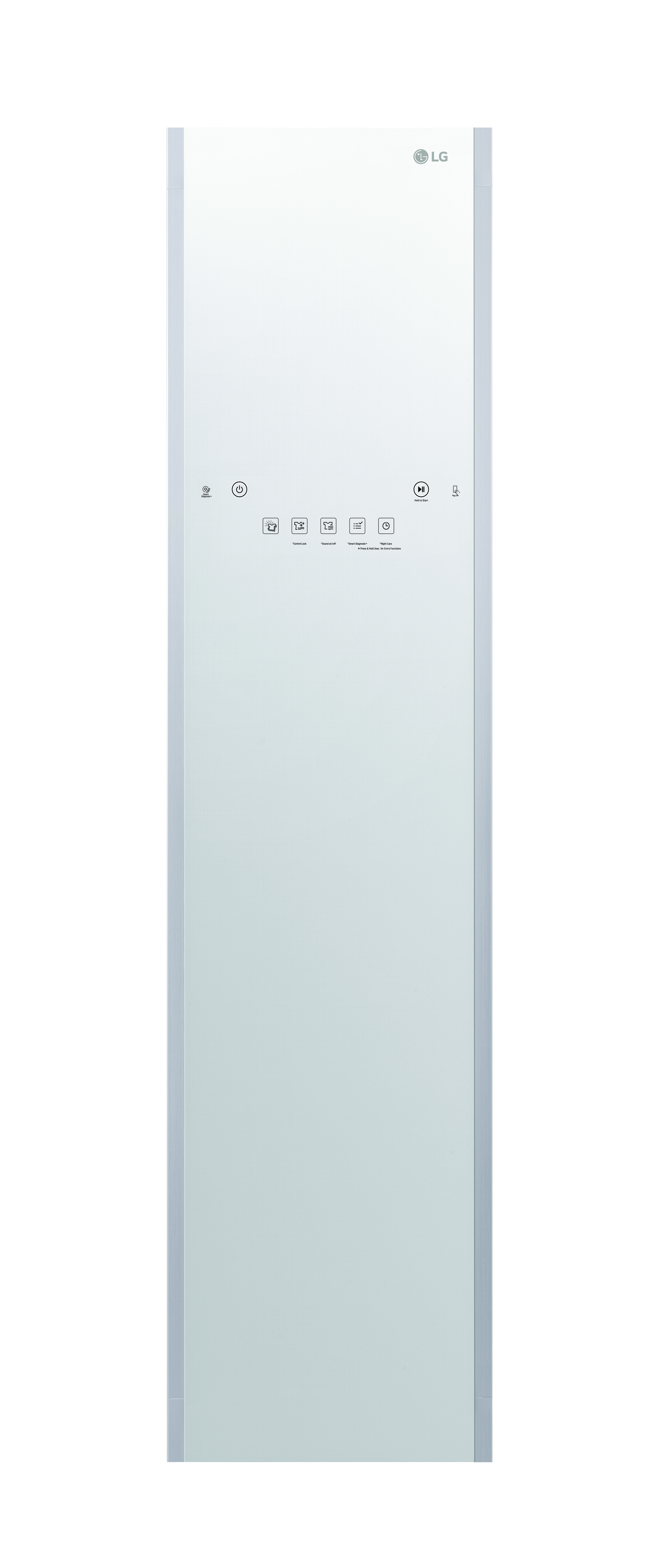 Weißes LG-Kleidungspflegesystem. Das Gerät ist hoch und schlank.