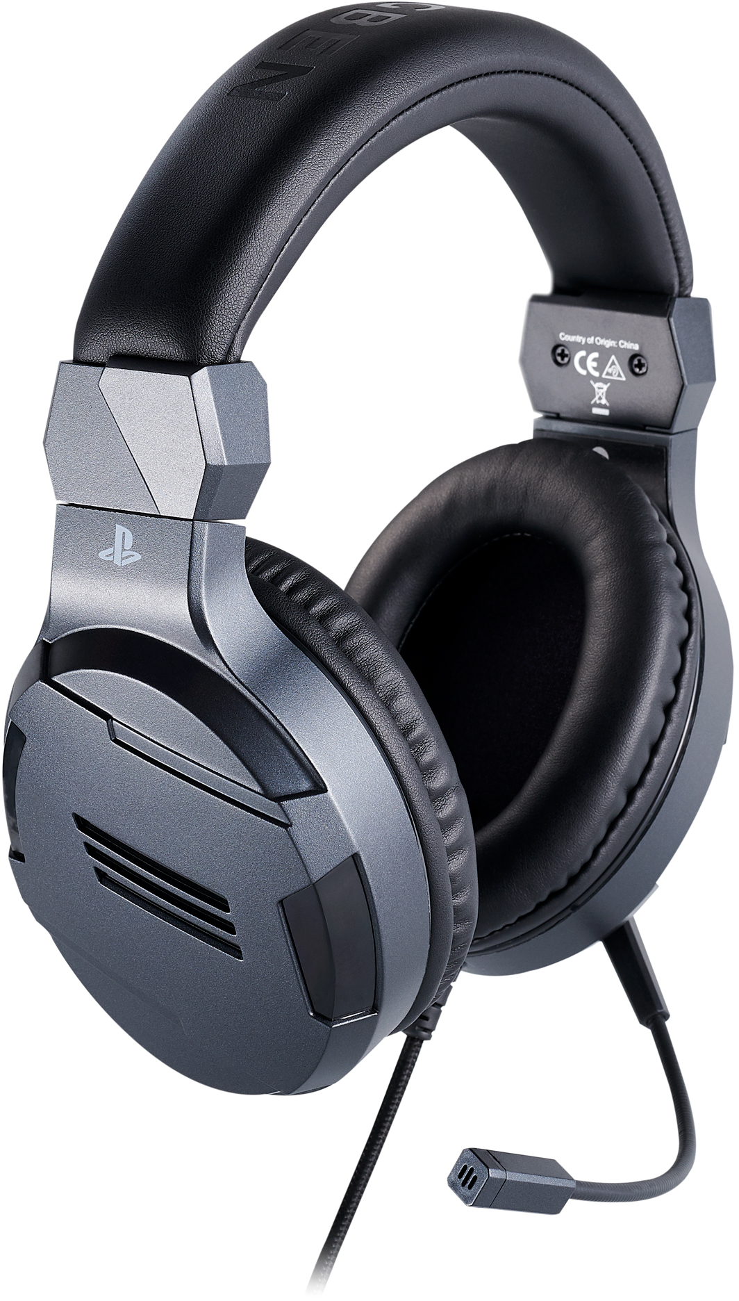 Gaming headset, black and grey design. Includes microphone and the PlayStation logo.