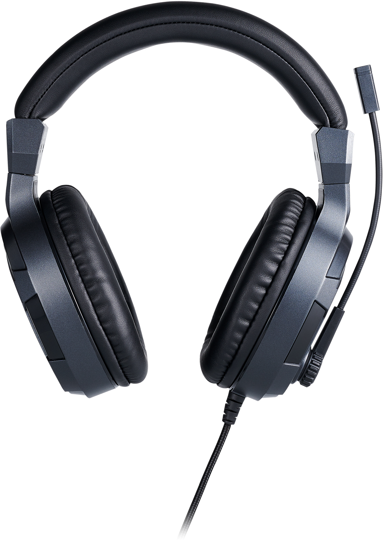 A black and grey headset with a microphone. It has large earcups and a connecting cable.