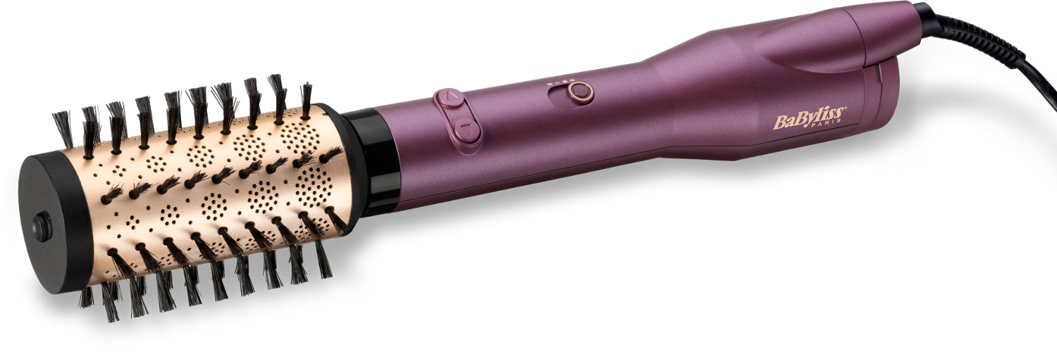 Brosse sèche-cheveux Babyliss violette avec des poils noirs.