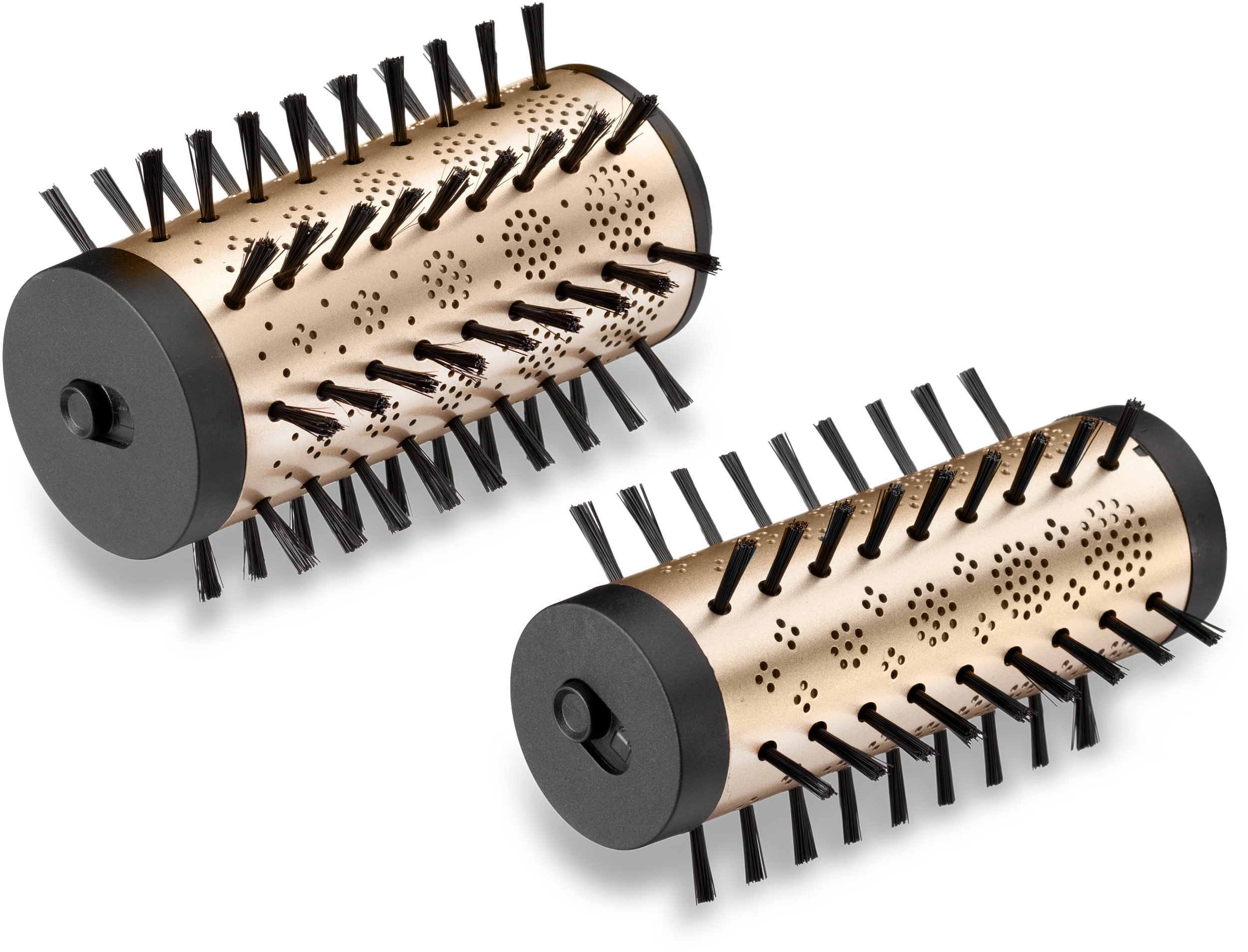 Deux têtes de brosse à boucler avec des poils noirs sur un barillet doré, isolées sur blanc.