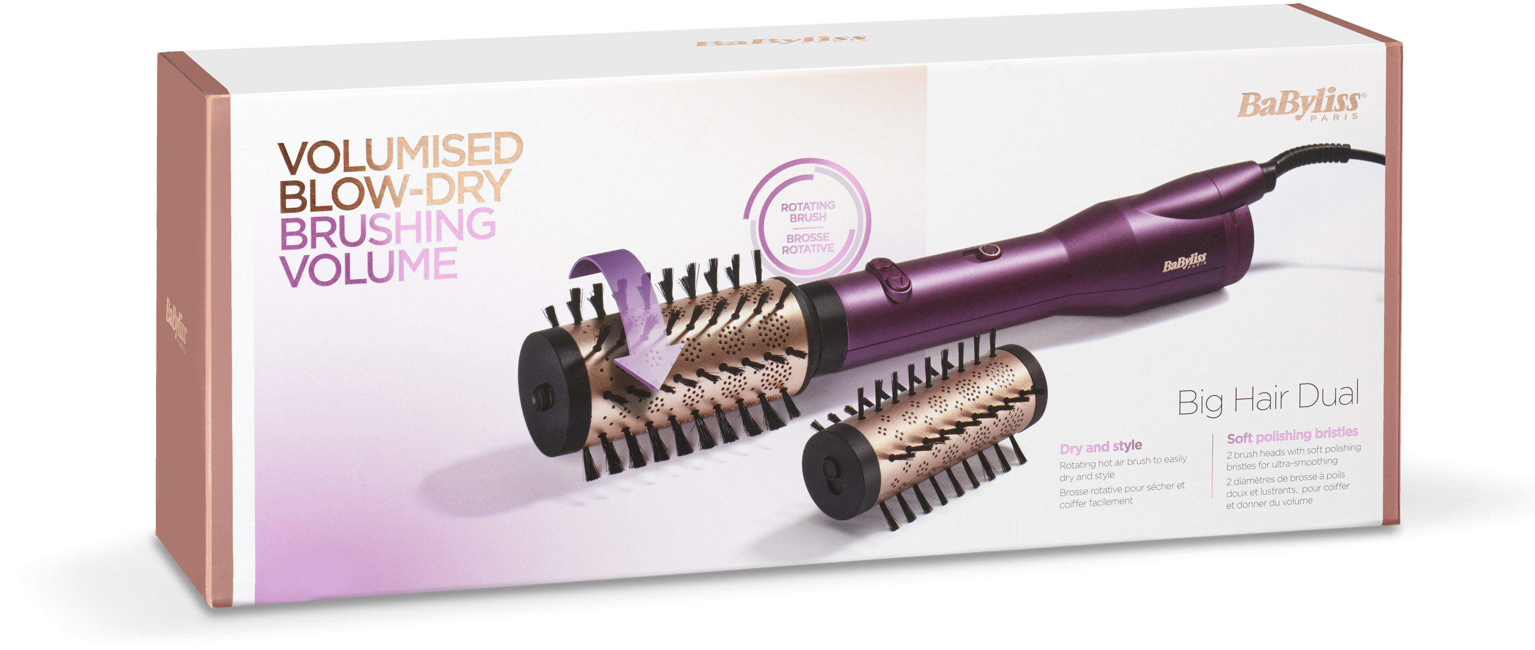 Boîte avec outil de coiffage, détails violets et dorés, brosse rotative. 'Volumised Blow-Dry Brushing Volume'.