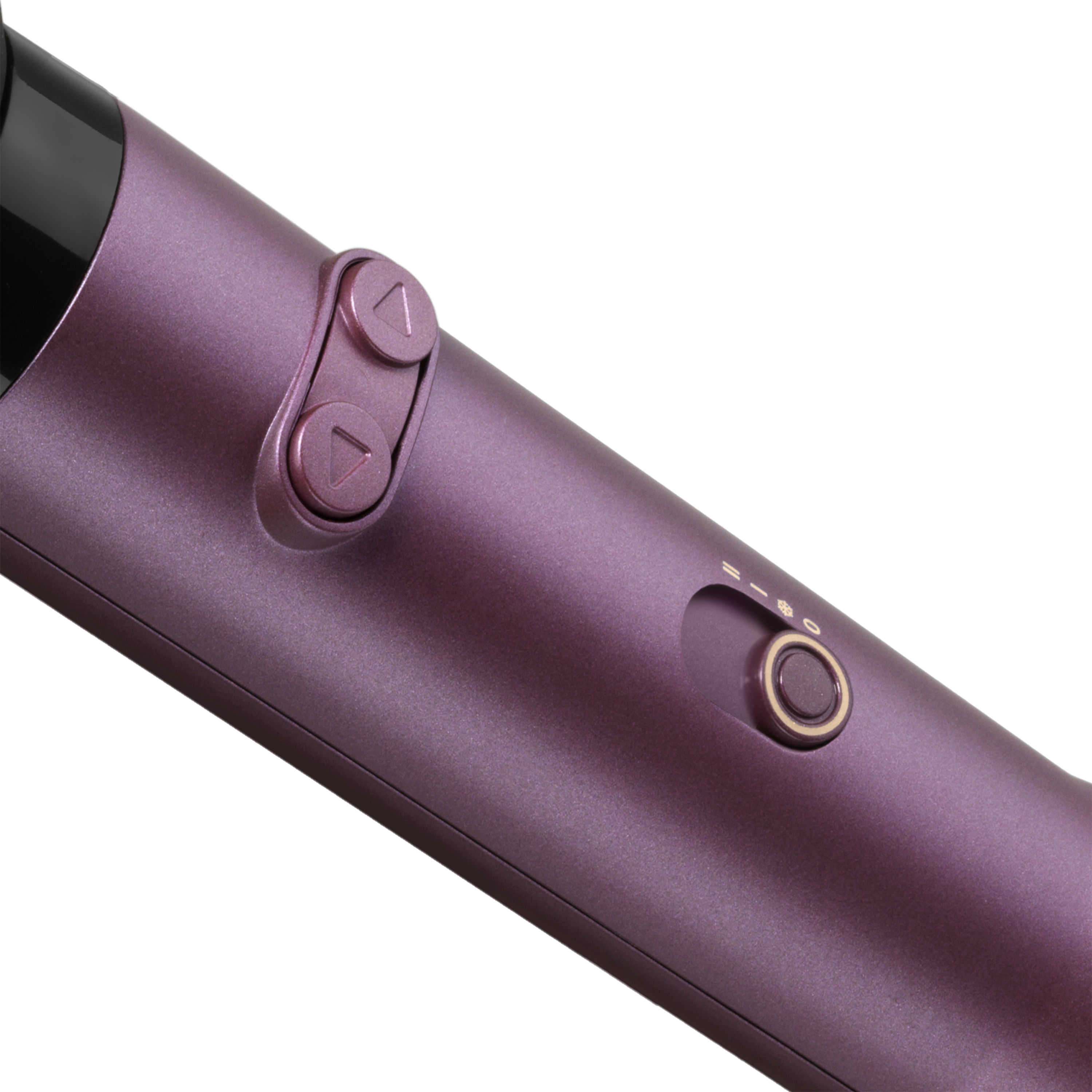 Gros plan sur un styler capillaire violet avec des boutons. Un bouton avec un point.