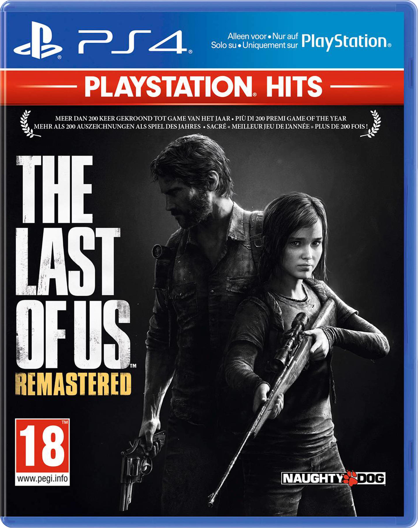 Das Spielcover von The Last of Us Remastered. Zwei Personen mit Waffen auf blauem Grund.