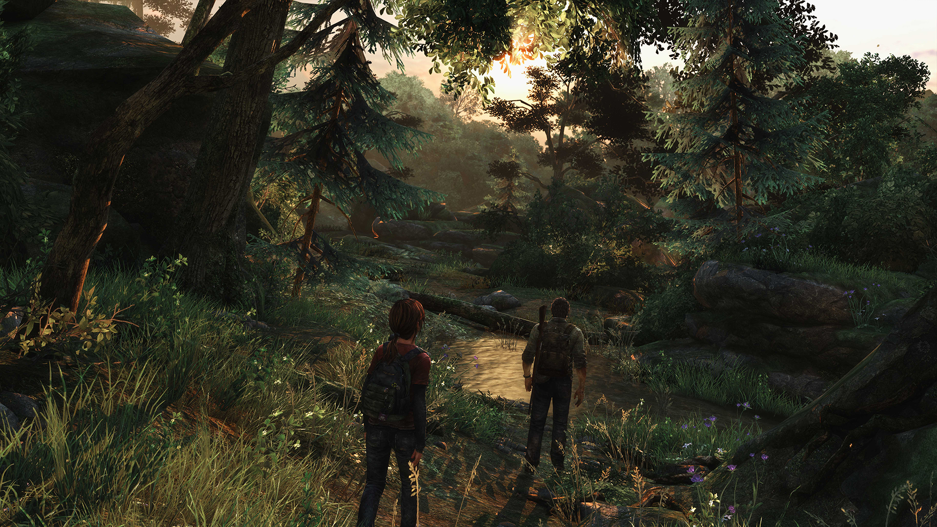 Zwei Charaktere in einem Wald. Bäume und ein Fluss im Hintergrund. Sonnenlicht.