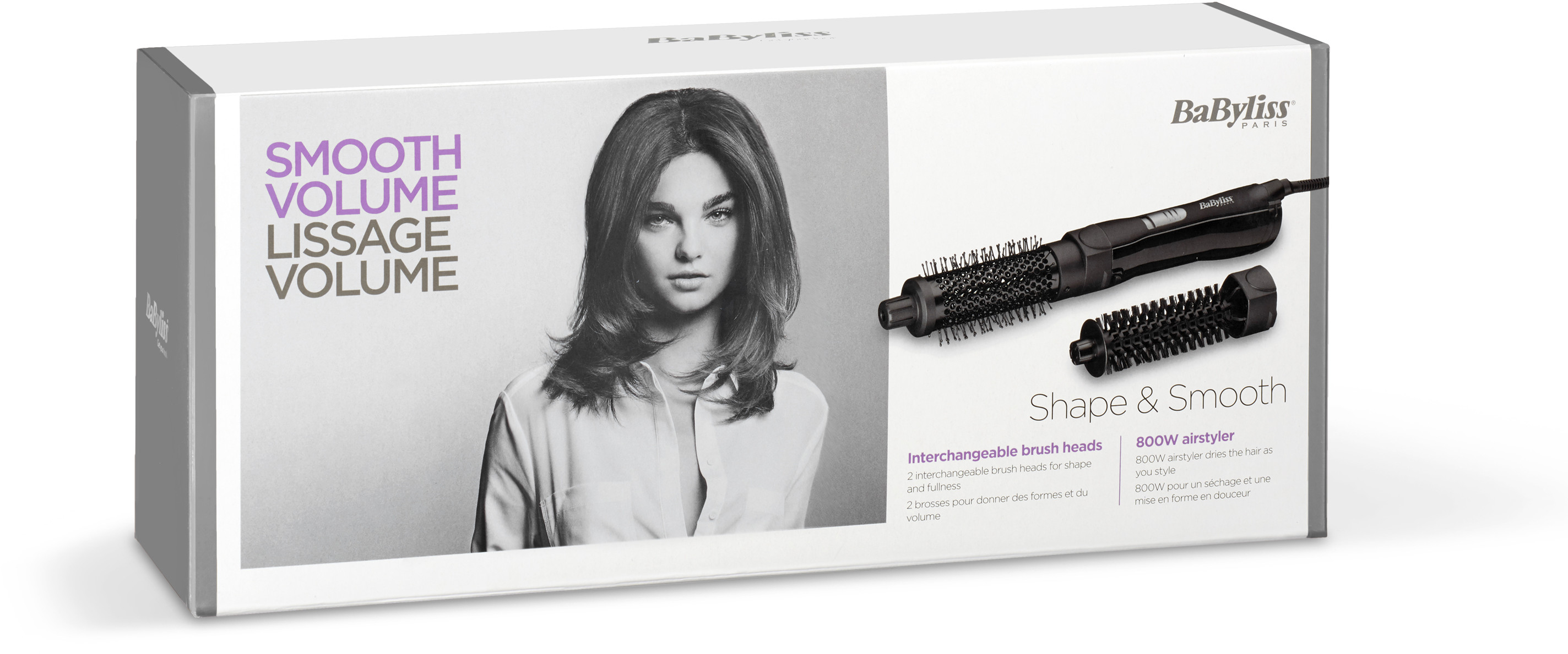 Boîte pour un styler capillaire avec photo de femme. Texte : 'Smooth Volume' et 'Shape & Smooth'.