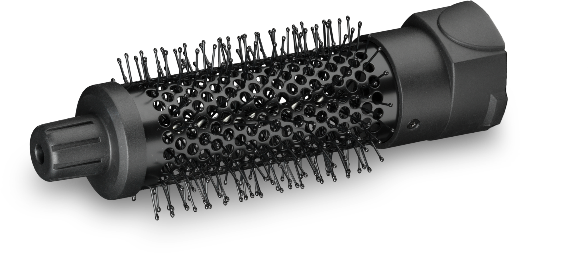 Accessoire brosse de sèche-cheveux noir avec poils, conçu pour coiffer les cheveux.