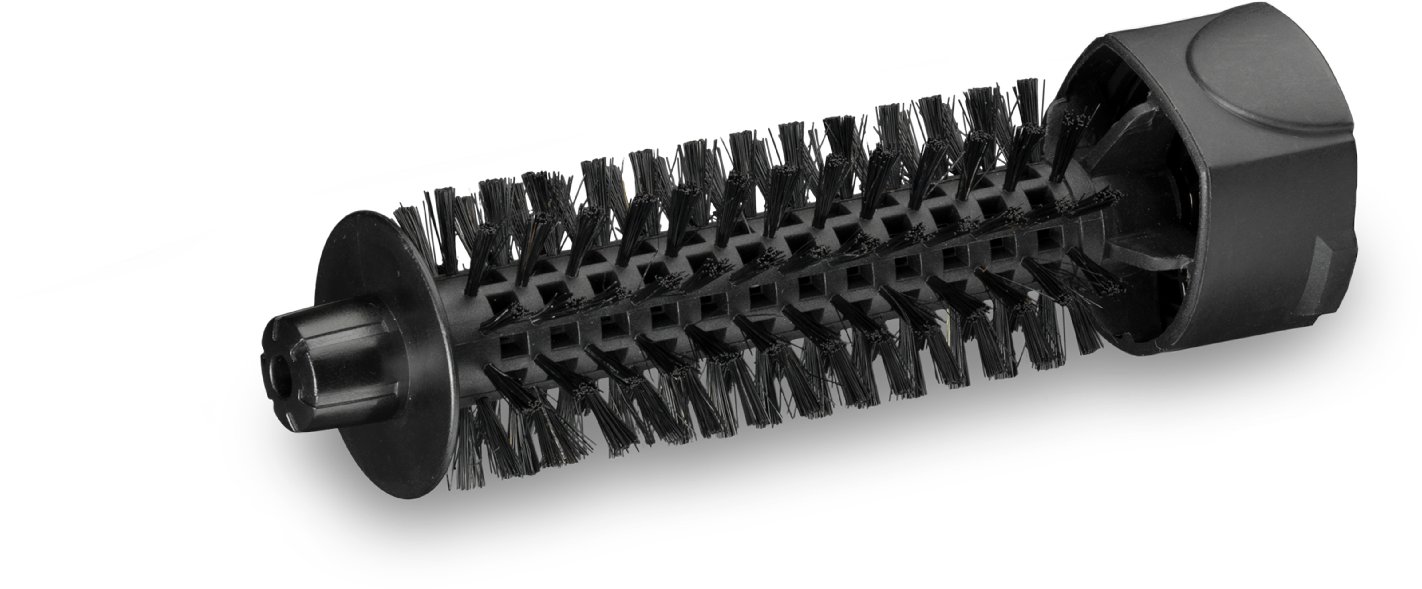 Accessoire de brosse de sèche-cheveux noir. Il est cylindrique et comporte des poils pour coiffer les cheveux.