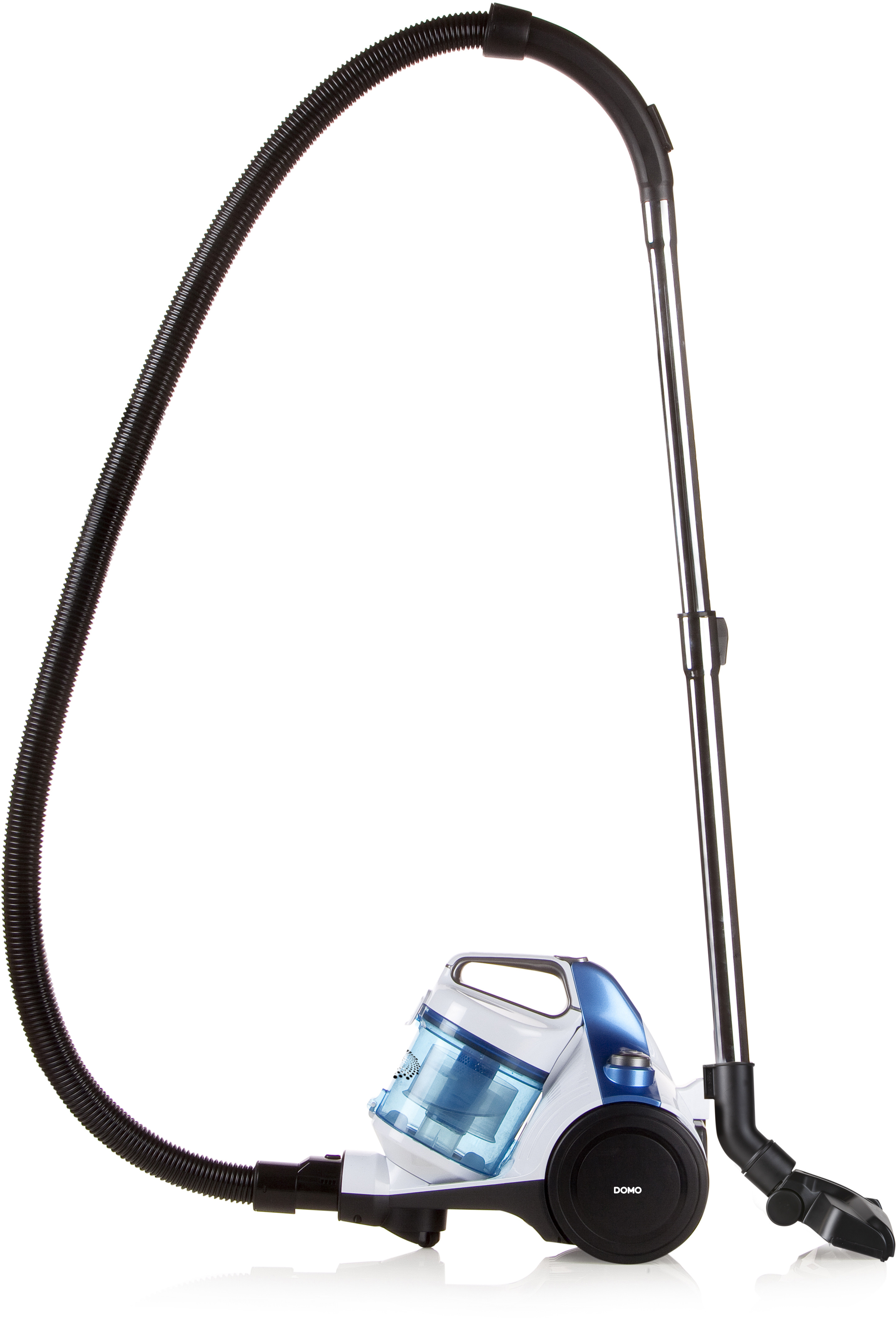 Aspirateur bleu, blanc et noir avec un long tuyau noir.