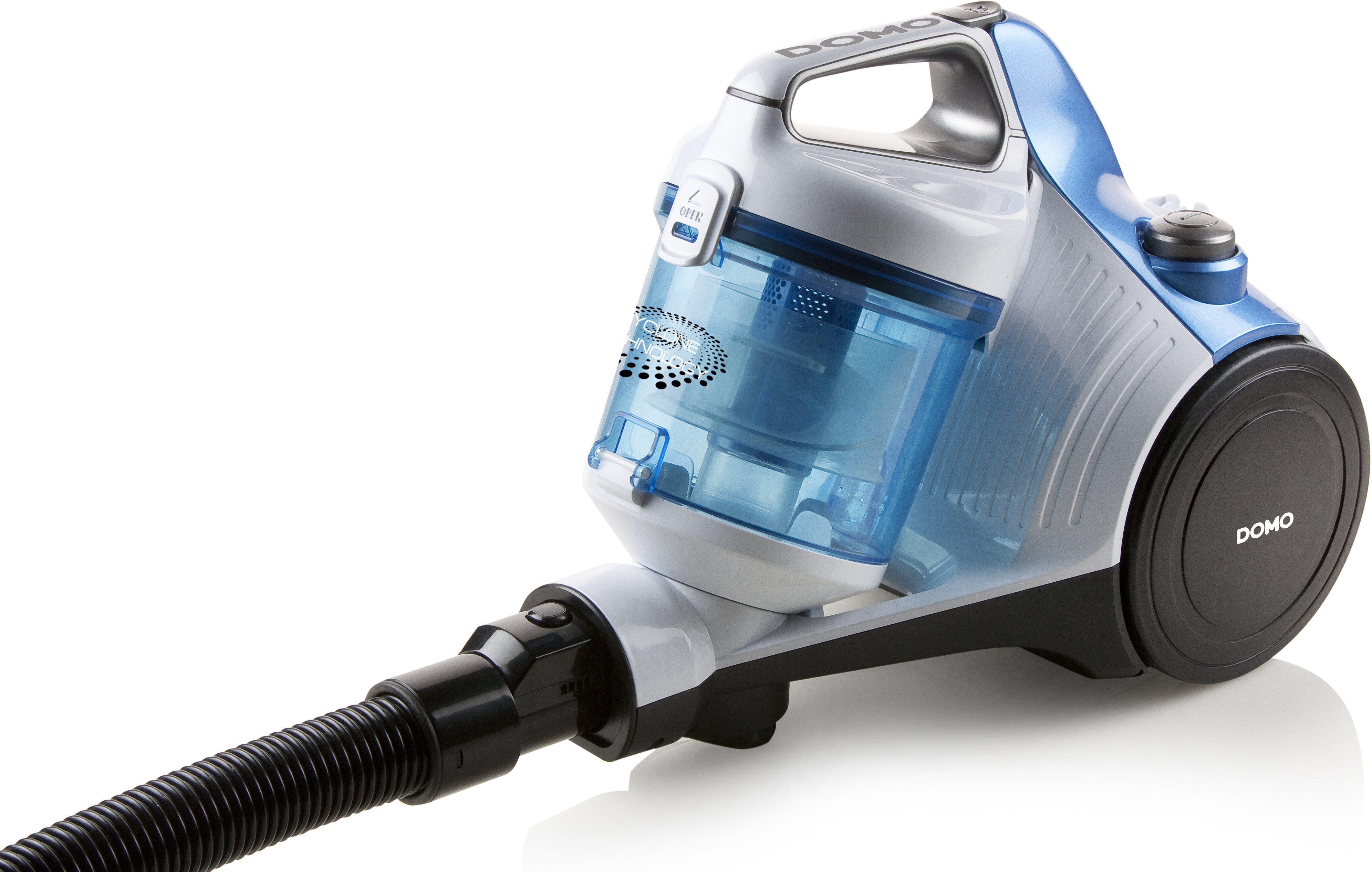 Aspirateur sans fil blanc et bleu en vue latérale. Le design possède un conteneur à poussière transparent.