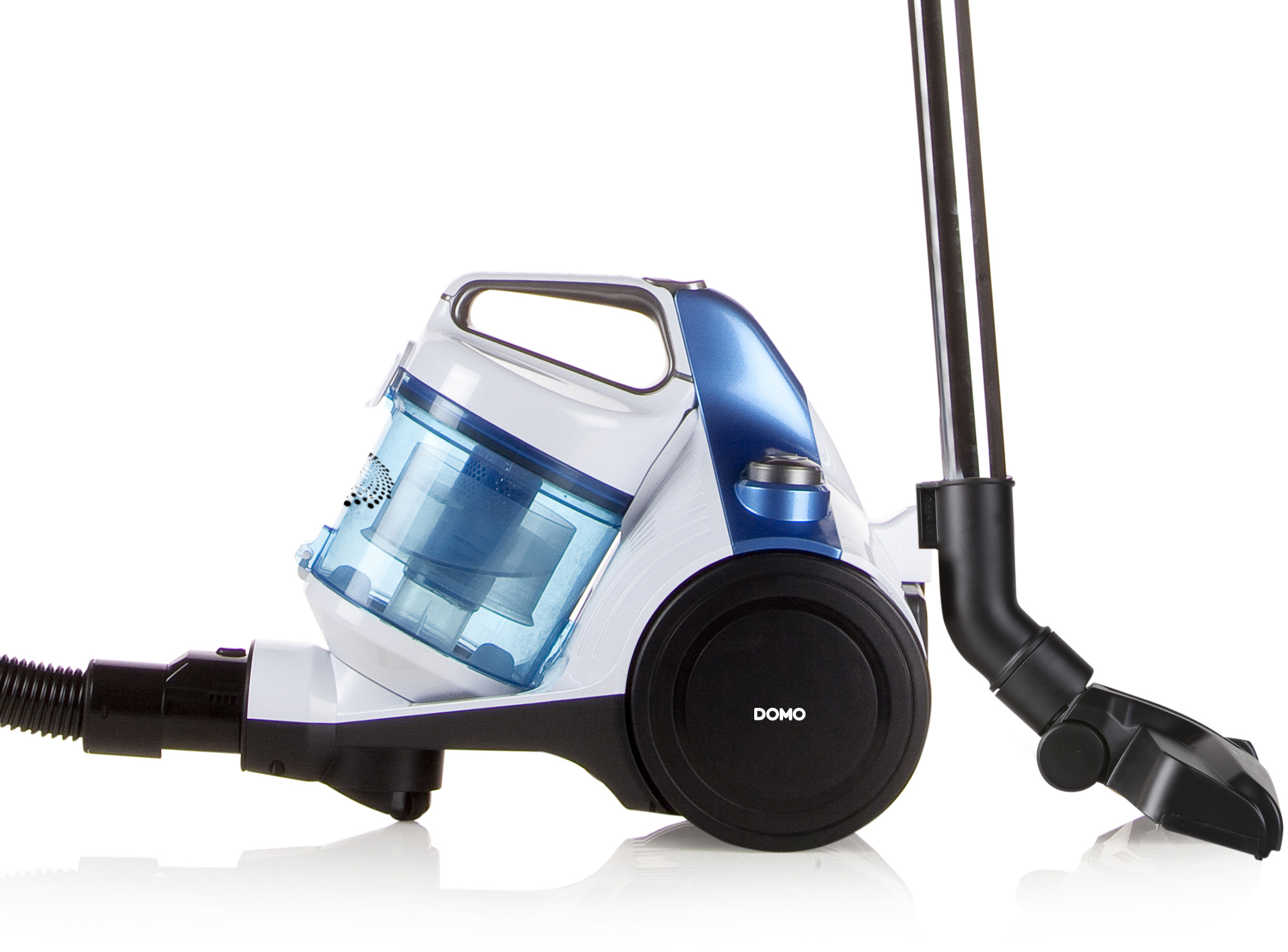 Un aspirateur blanc et bleu sur fond blanc, vue latérale.
