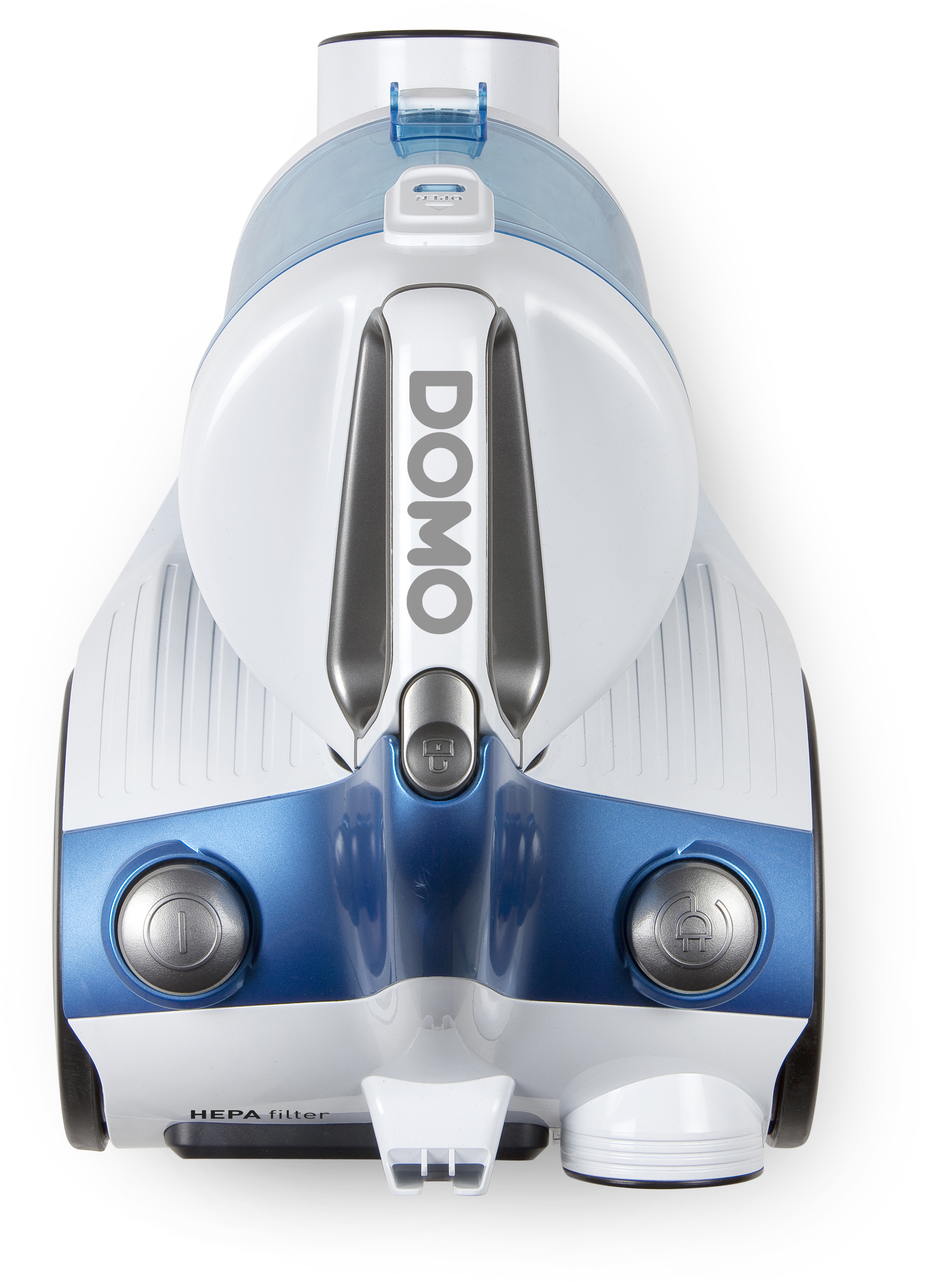 Aspirateur blanc et bleu. Le mot "DOMO" est sur l'aspirateur. Fond blanc.
