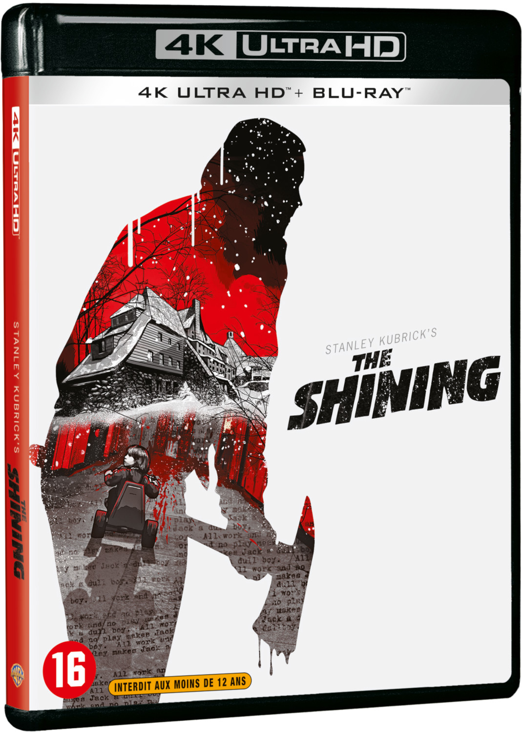 Boîtier DVD de The Shining, noir avec des accents rouges. Silhouette et texte. Une scène enneigée.