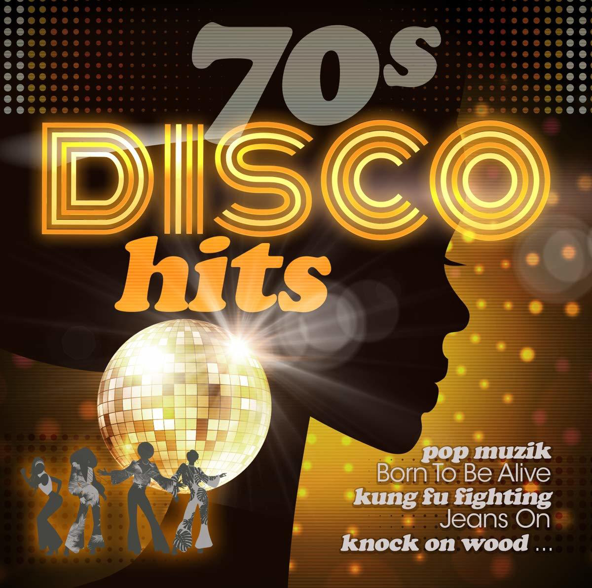 Ein 70er-Disco-Hits-Albumcover mit einer Discokugel, Silhouette und Songtiteln.
