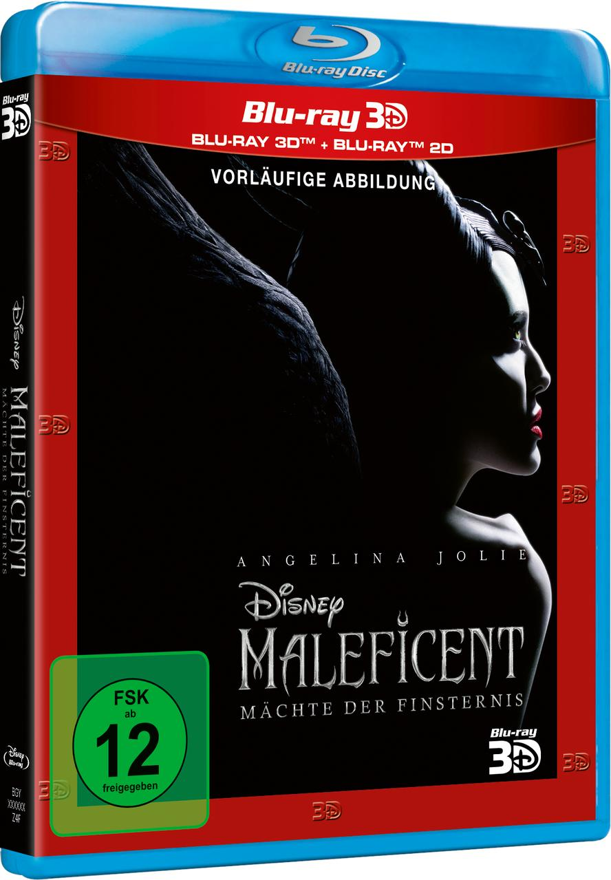 Blu-ray-Cover mit Angelina Jolie in Maleficent, dunklem Hintergrund und Text.