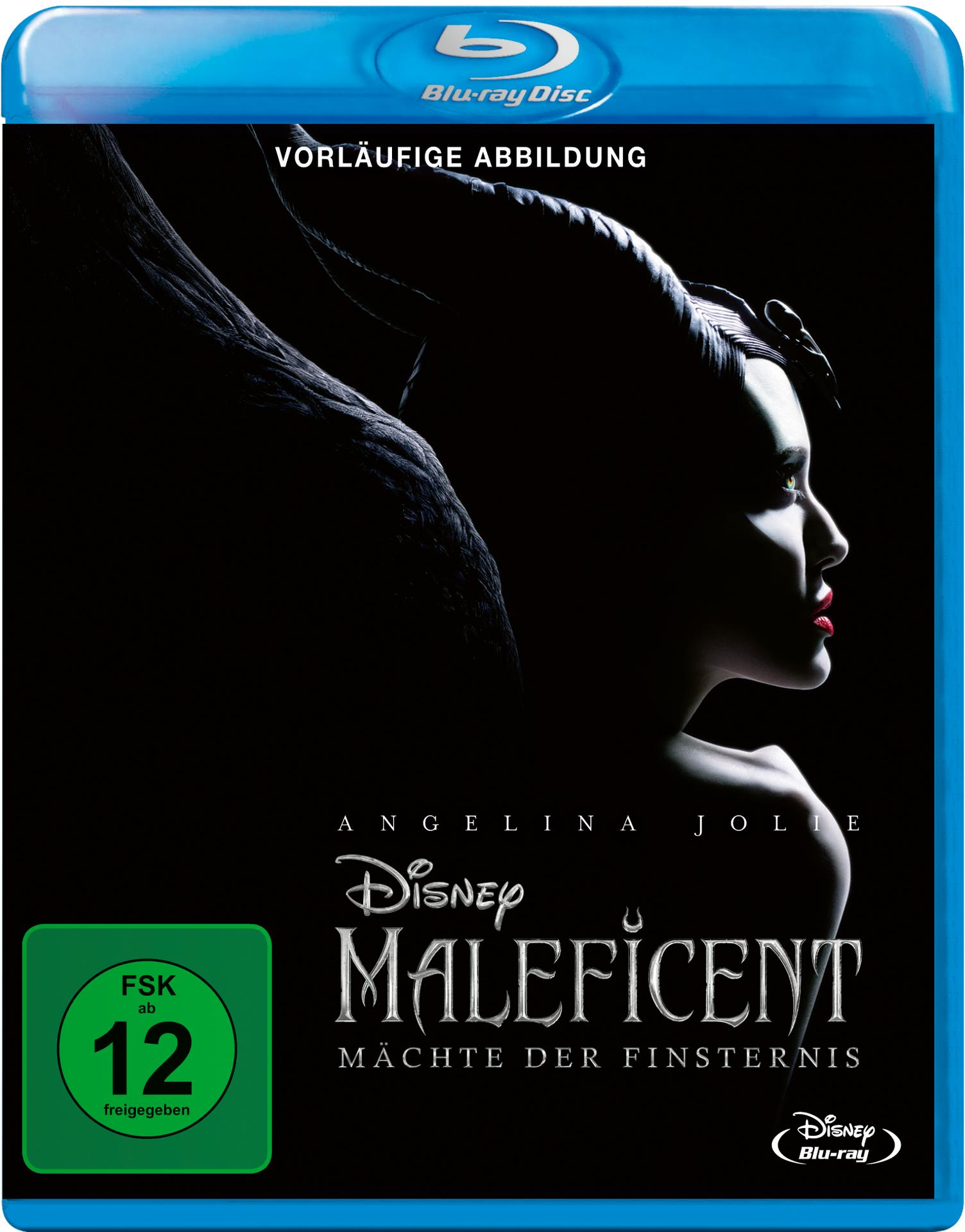 Maleficent Blu-ray-Cover, Profil von Angelina Jolie mit dunklem Hintergrund.